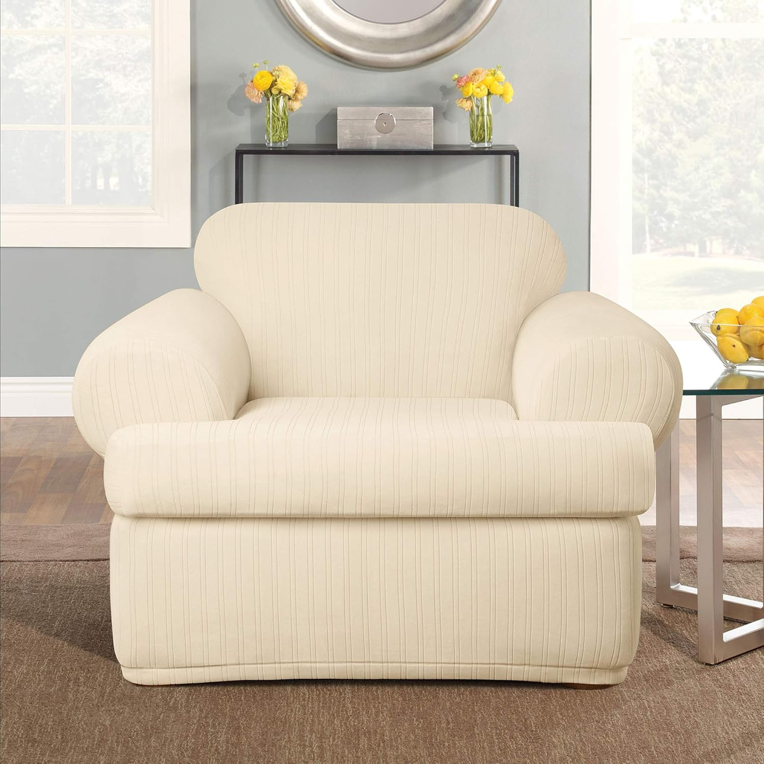 SureFit  Stretch Pinstripe 2 Piece T Cushion Chair Slipcover Cream