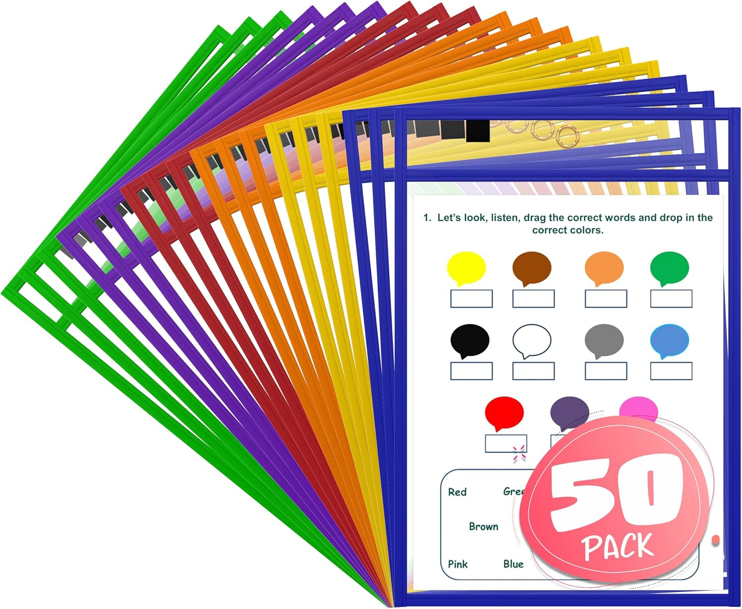 SCRIBBLEDO Dry Erase Pockets Reusable Dry Erase Sleeves with Marker Holder Colorful Dry Erase Pocket Sleeves for School Classroom or Work Ticket Holders Assorted Colors 50 Pack