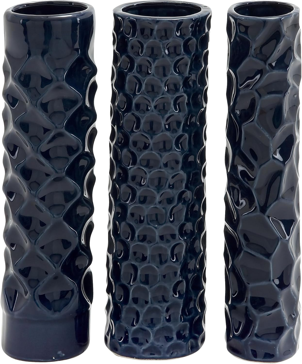 DecMode 3"W, 12"H Dark Blue Ceramic Vase with Varying Patterns, Set of 3