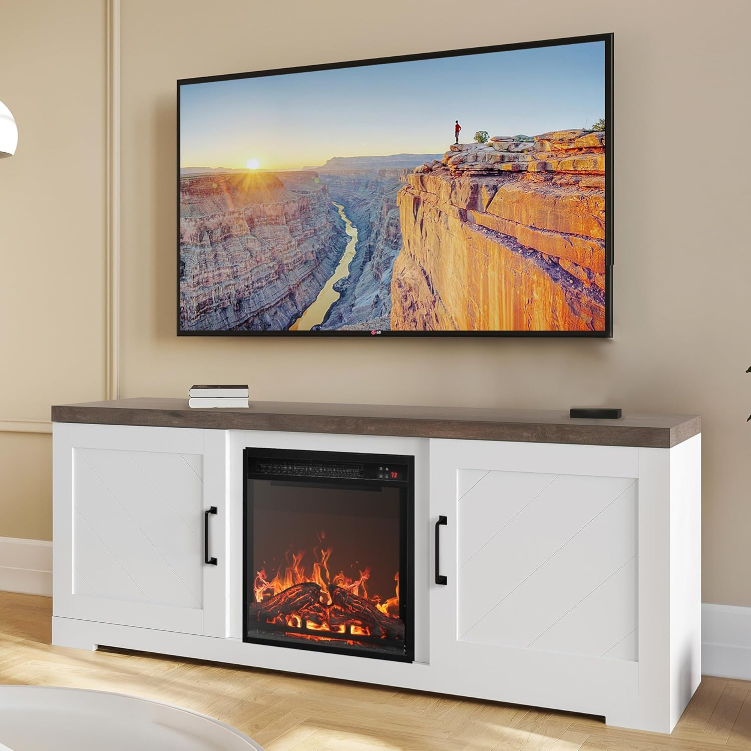BELLEZE Modern 58 Inch Farmhouse TV Stand with 18 Inch Electric Fireplace & Media Entertainment Center Console Table for TV up to 65 Inch with Storage Cabinets and Infrared Heater - Hilo (White)