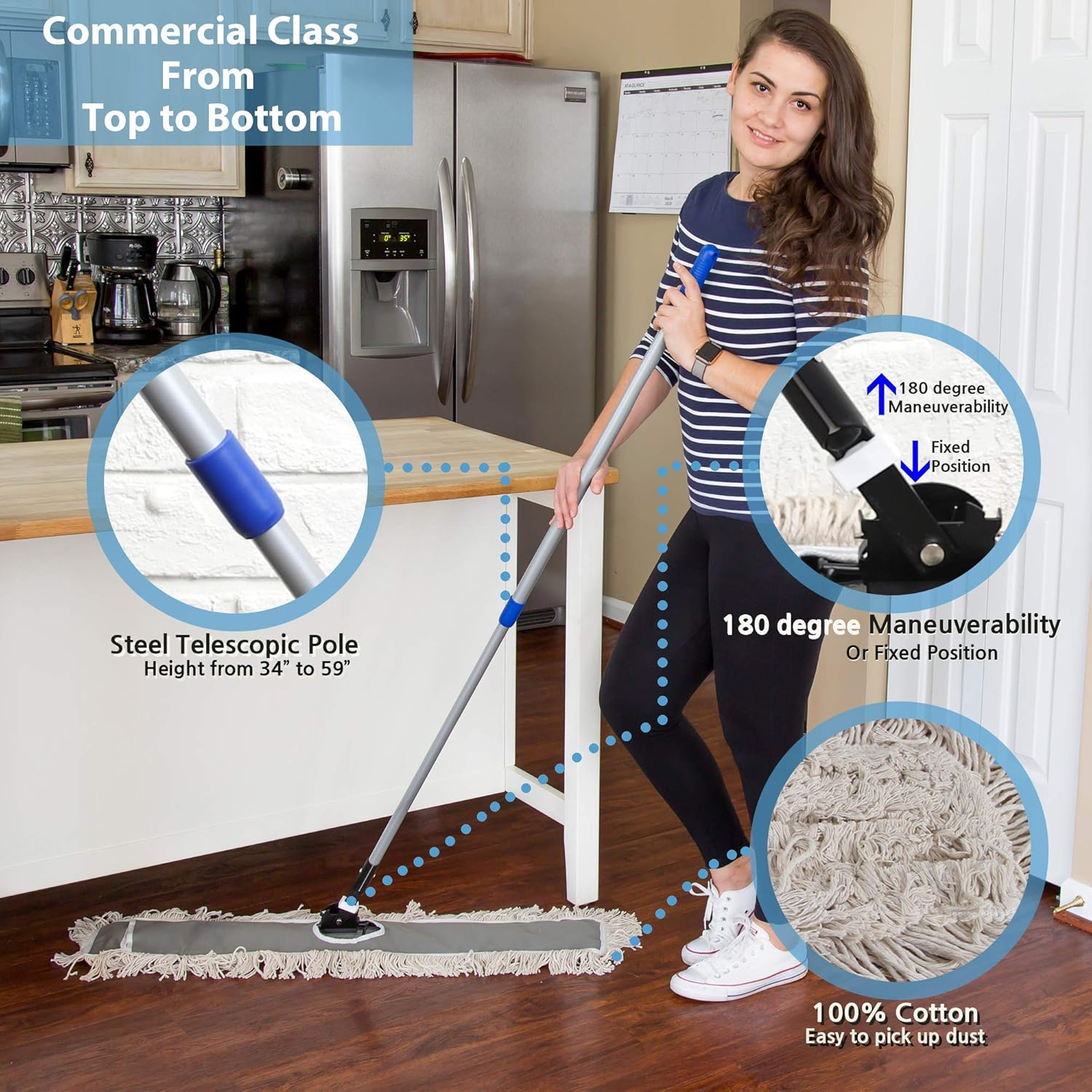 36" Industrial Cotton Floor Dust Mop with Adjustable Steel Handle - Commercial Mops for Hardwood, Tiles, Laminate, Vinyl, Garage epoxy, Bamboo Surface Cleaning and Flooring Push Dust Broom