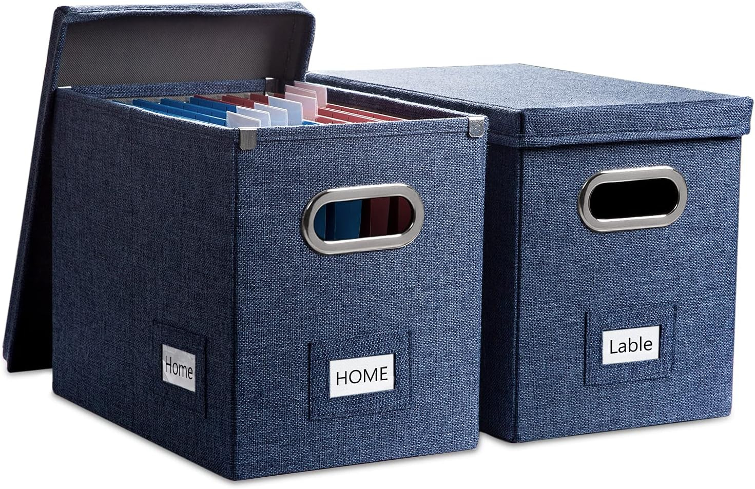 PRANDOM File Organizer Box - Set of 2 Collapsible Decorative Linen Filing Storage Hanging File Folders with Lids Office Cabinet Letter Size Navy Blue (14x9.3x10.8 inch)