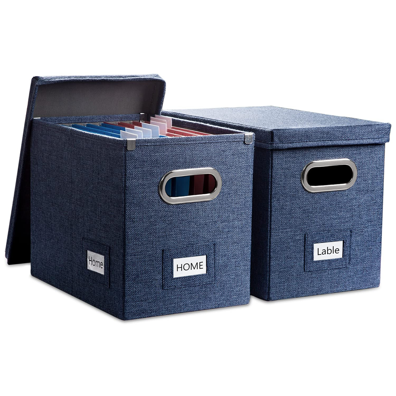 PRANDOM File Organizer Box - Set of 2 Collapsible Decorative Linen Filing Storage Hanging File Folders with Lids Office Cabinet Letter Size Navy Blue (14x9.3x10.8 inch)