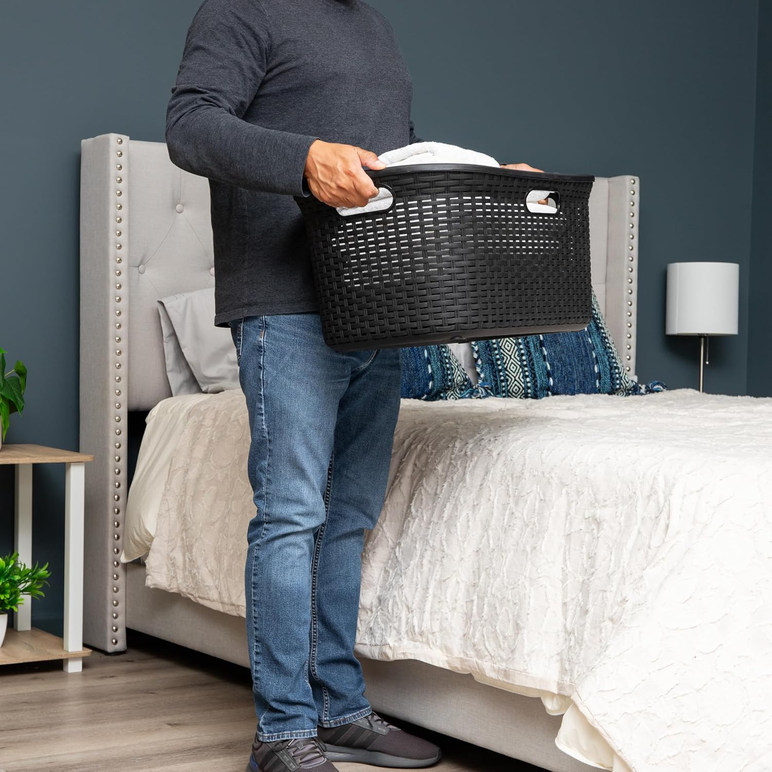 Mind Reader 40L Laundry Basket, Clothes Hamper, Lid, Wicker Design, Plastic, Set of 2, Black