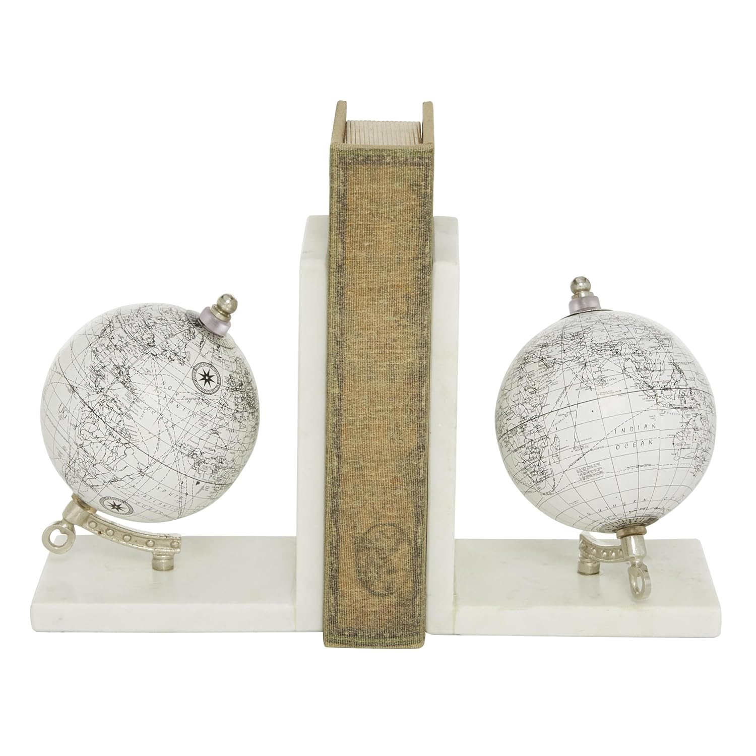 Deco 79 Marble Globe Decorative Bookends Non Skid Bookends with Silver Metal Accents, Set of 2 Office Bookends5"W, 7"H, White