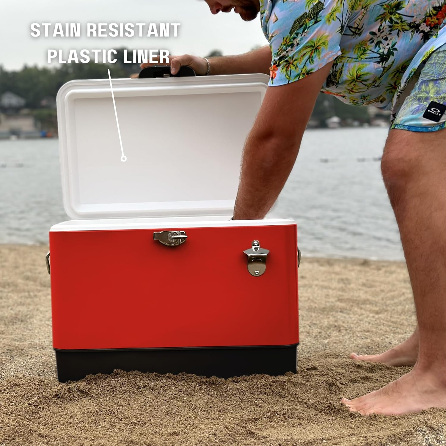 FSE Retro Metal Cooler, 80 Can/54 Qt. Capacity, Hard-Sided, Two Tone, Holds Up to 80 Beverage Cans, Metal Construction with Plastic Lining