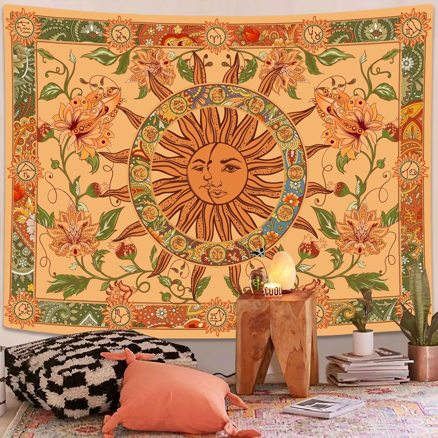 Yellow Sun and Moon Tapestry Vintage Indie Boho Tapestry Wall Hanging with Sunflowers Butterfly Moth Constellation Aesthetic Wall Tapestries for Room Decor (35''high × 47''wide)