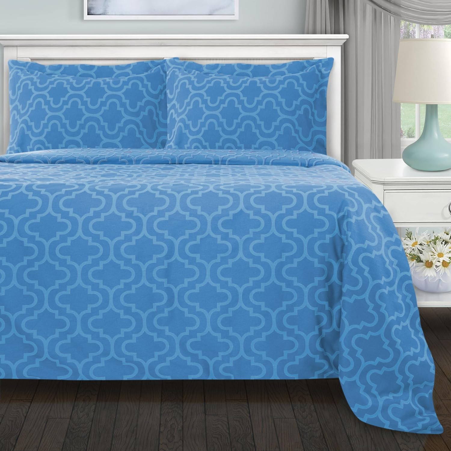 Superior Extra Soft Printed All Season 100% Brushed Cotton Flannel Trellis Bedding Reversible Duvet Cover Set - Light Blue Trellis, King/California King Size