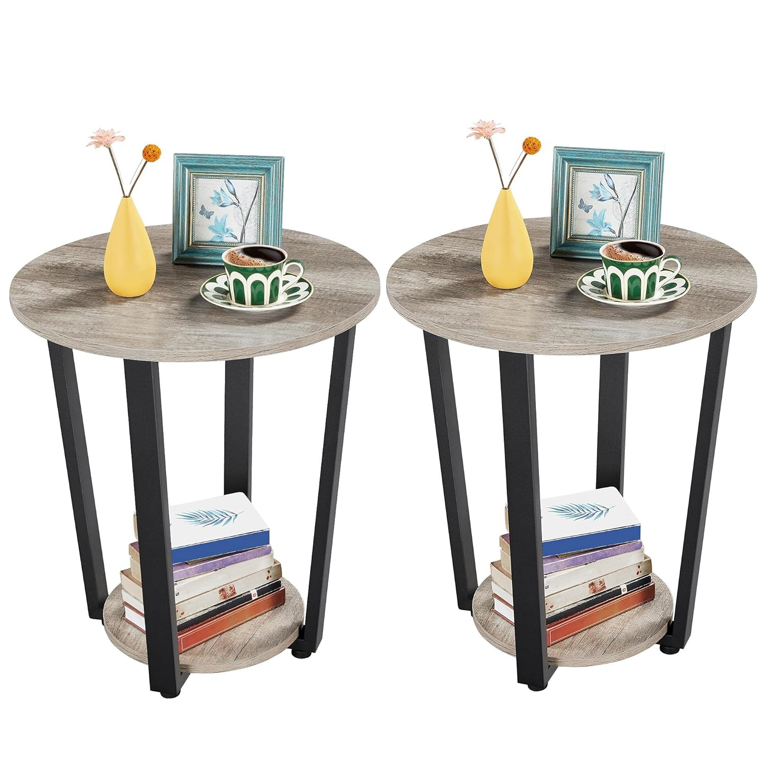 End Table, Nightstand Coffee Table with Open Shelves, Side Table Accent Table with Wooden Frame for Office, Home, Set of 2, Gray