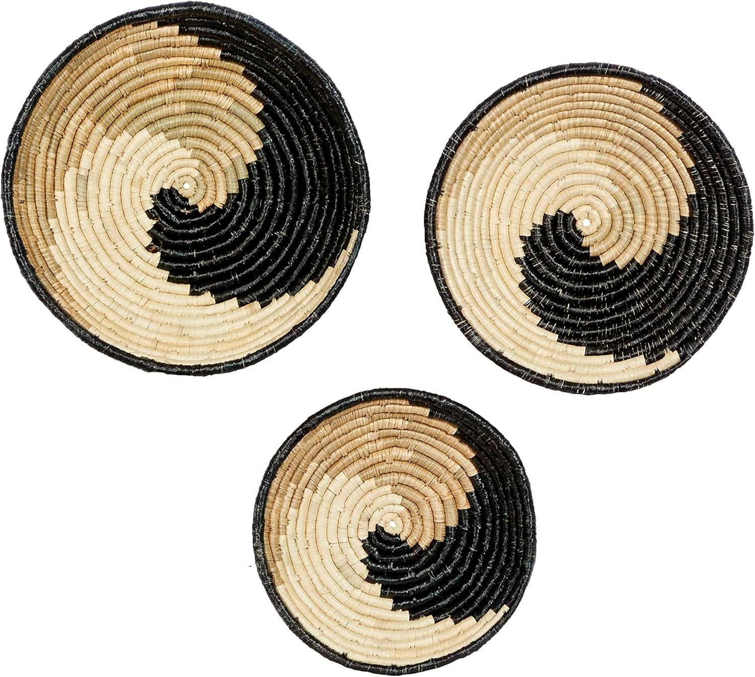 Deco 79 Seagrass Plate Handmade Home Wall Decor Spiral Basket Wall Sculpture, Set of 3 Wall Art 20", 18", 16"H, Black