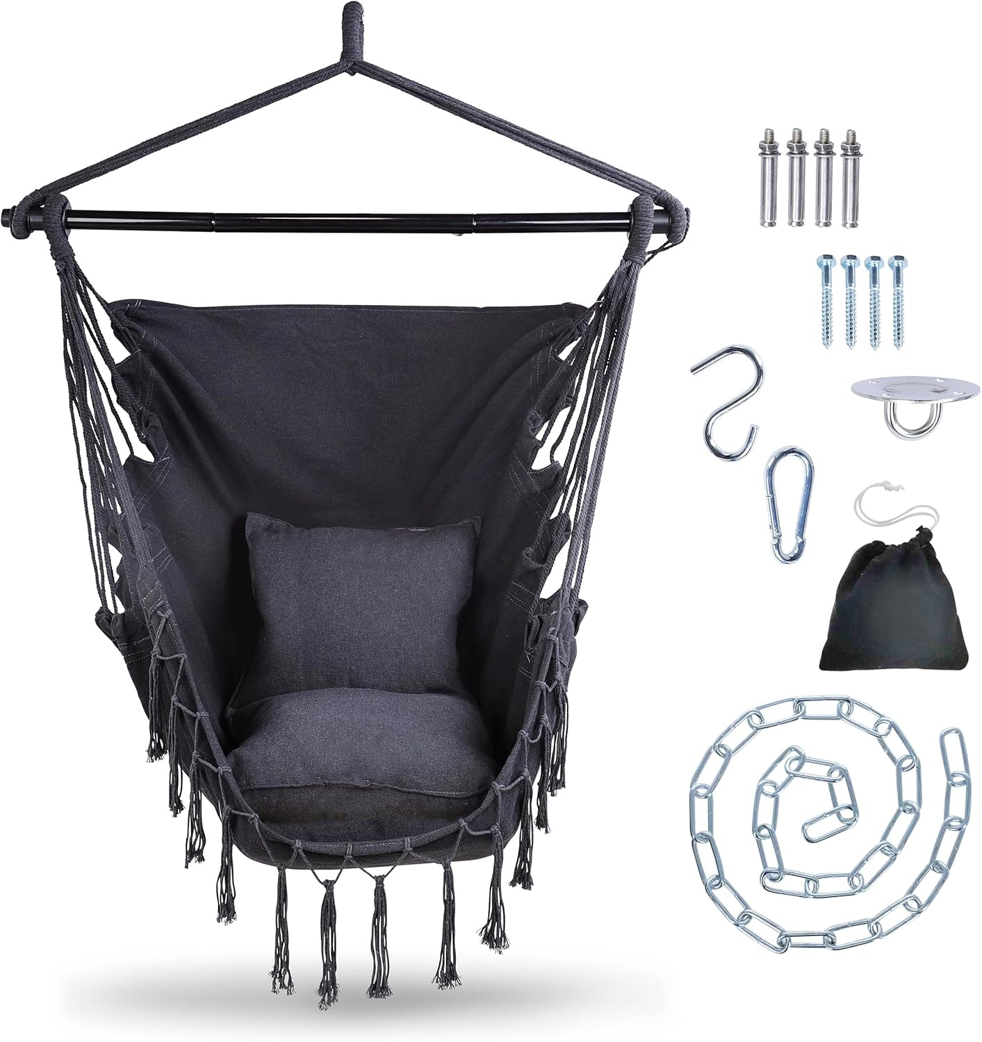 7Penn Hammock Chair Swing - Indoor Outdoor 440lb Max Black Boho Hanging Chair