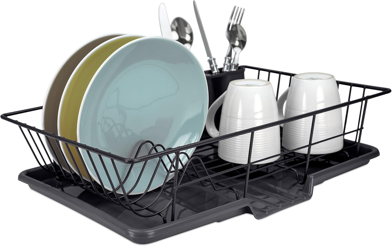 Home Basics Dish Drying Rack (Black) Dish Drainers for Kitchen Counter | with Sloping Tray and Utensil Holder | Big Dish Drying Rack