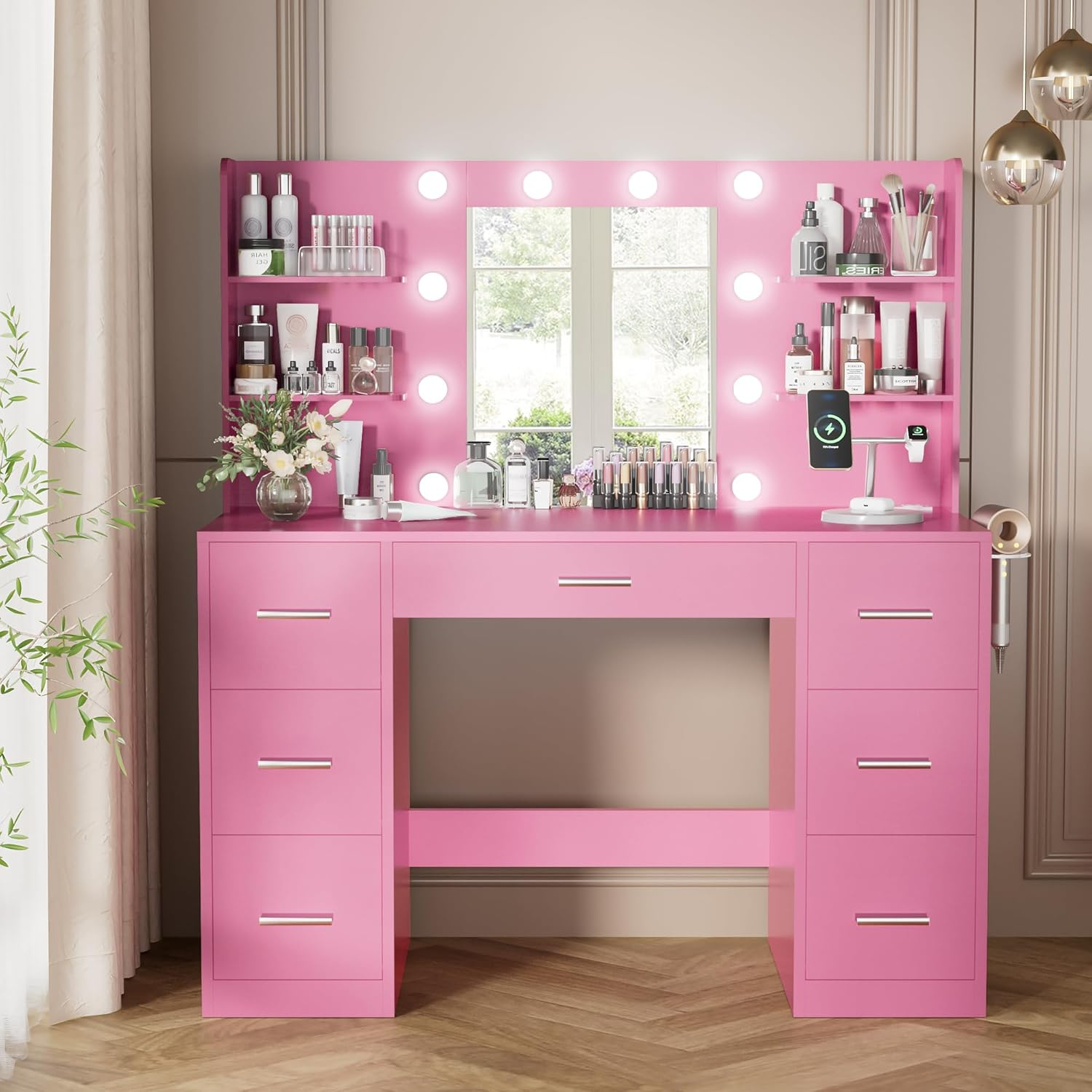 YESHOMY Vanity Desk with Mirror, Power Outlet and 10 Lights, Makeup Table with 7 Drawers, 3 Color Modes Available for Bedroom, White