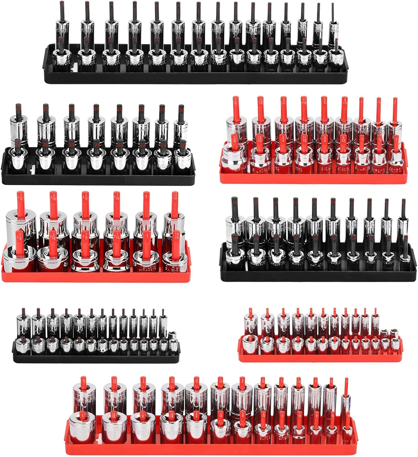 WETT Socket Organizer Tray Set, 8-Piece Socket Holder Set, 1/4", 3/8", 1/2" Drive Sockets Trays Organizers for Toolbox, Store 176pcs SAE & Metric, Standard Shallow and Deep Size Sockets, Black & Red