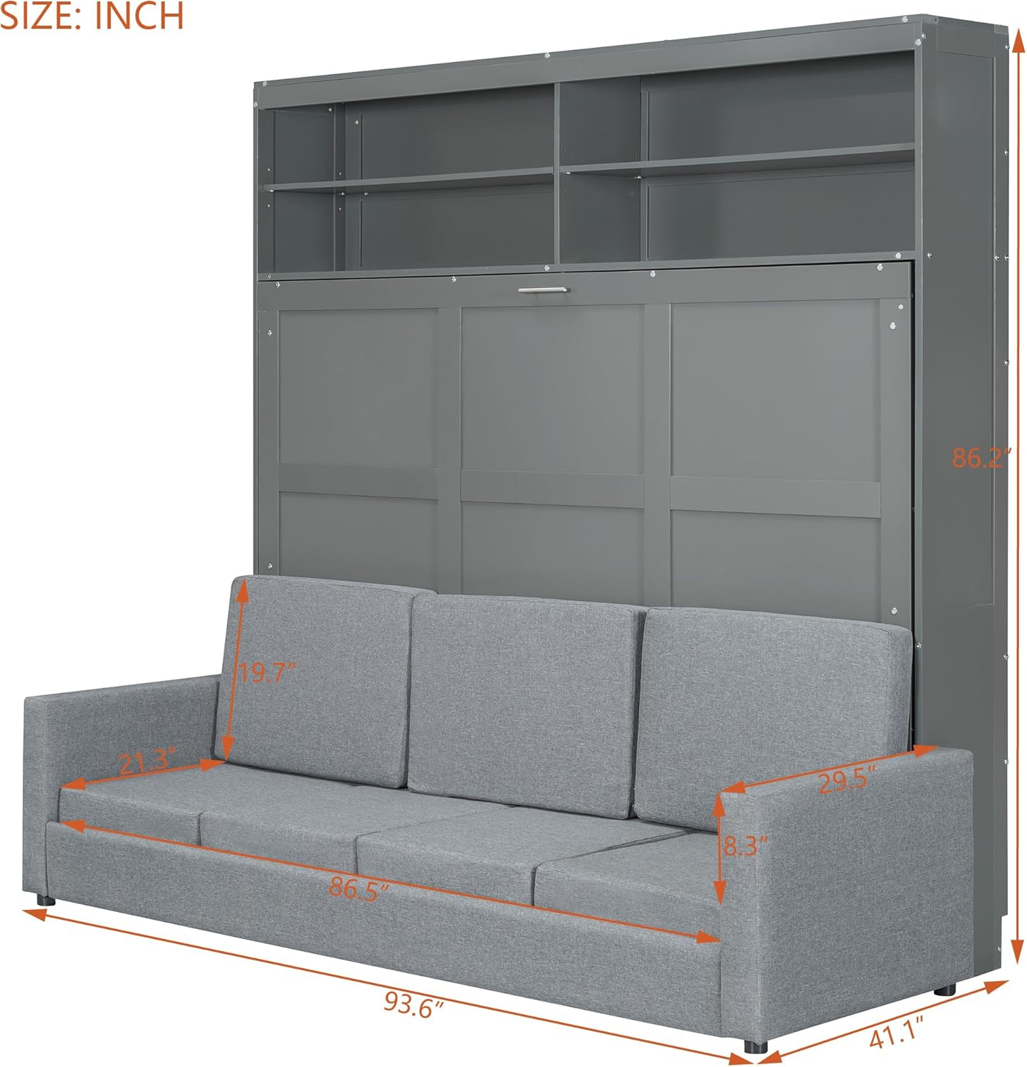Harper & Bright Designs Queen Size Murphy Bed with Cushion and Storage Shelves, Wood Queen Platform Bed with Sofa, Wall Bed, Hidden Foldable Bed Frame for Home Office or Small Room,Gray
