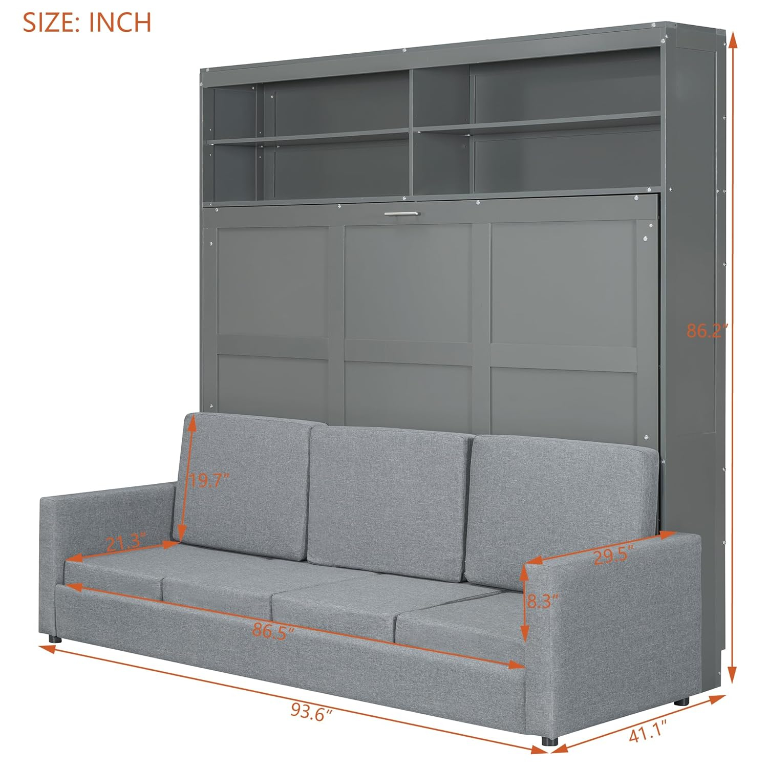 Harper & Bright Designs Queen Size Murphy Bed with Cushion and Storage Shelves, Wood Queen Platform Bed with Sofa, Wall Bed, Hidden Foldable Bed Frame for Home Office or Small Room,Gray