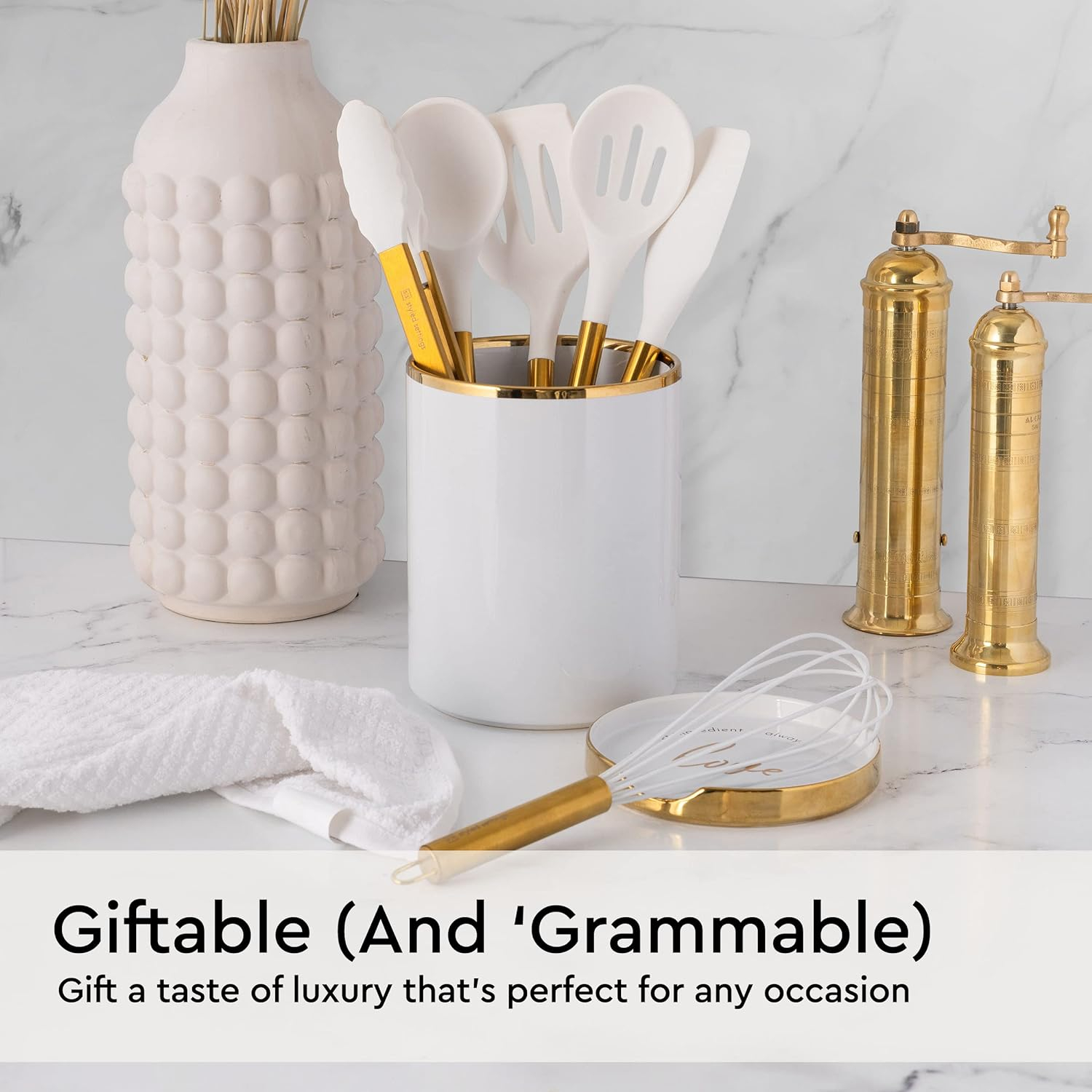 White and Gold Silicone Kitchen Utensils Set with Stainless Steel Handles