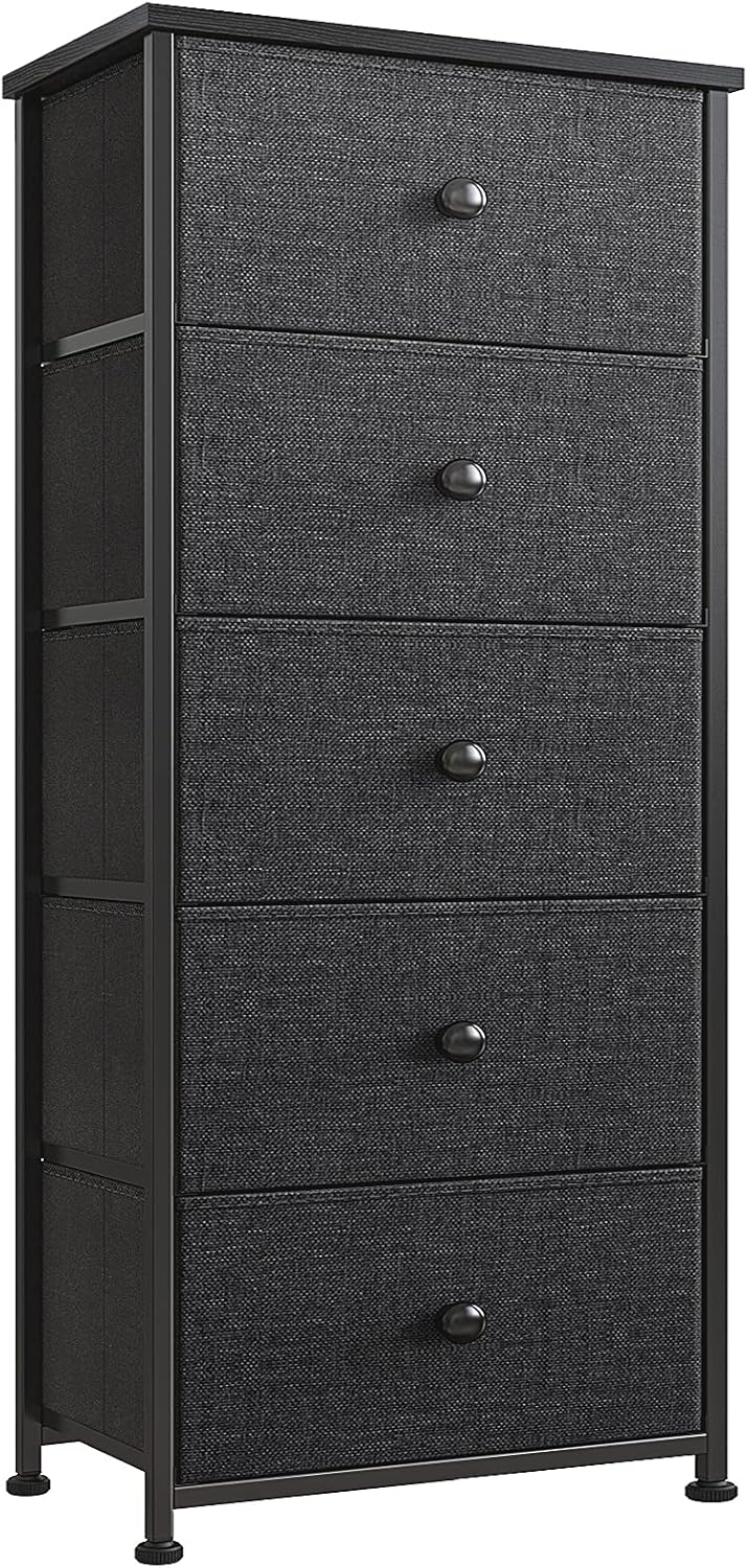 GUNAITO Dressers for Bedroom 5 Drawers Tall Dresser for Bedroom Faux Leather Chest of Drawers Wooden Top Fabric Drawer Rustic Brown RZP5R1