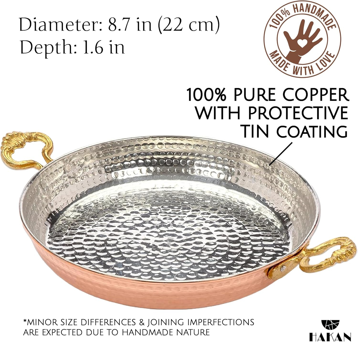 Hammered Copper Food Safe  Egg Omelet Pan Sahan, Copper Round Chef Pan, Traditional Handcrafted Copper Pan, 8.7 Inches (22 cm)