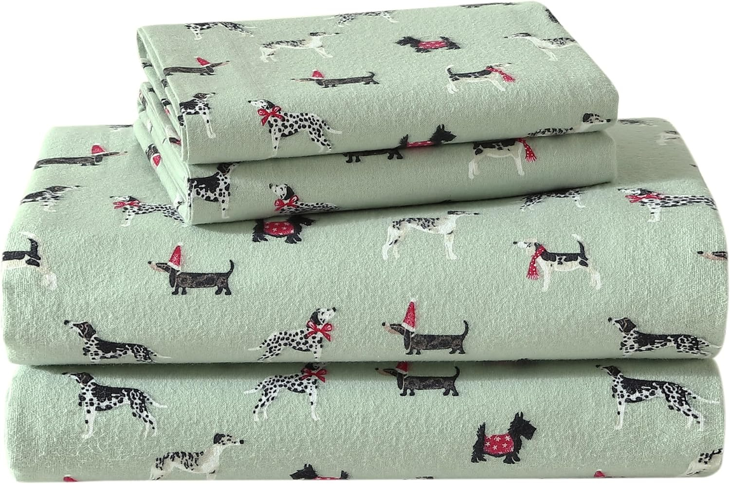 Laura Ashley - Full Sheet Set, Cotton Flannel Bedding, Brushed for Extra Softness & Comfort (Holiday Pups Green, Full)