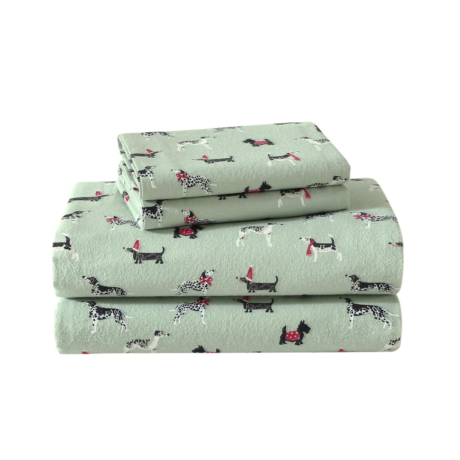 Laura Ashley - Full Sheet Set, Cotton Flannel Bedding, Brushed for Extra Softness & Comfort (Holiday Pups Green, Full)