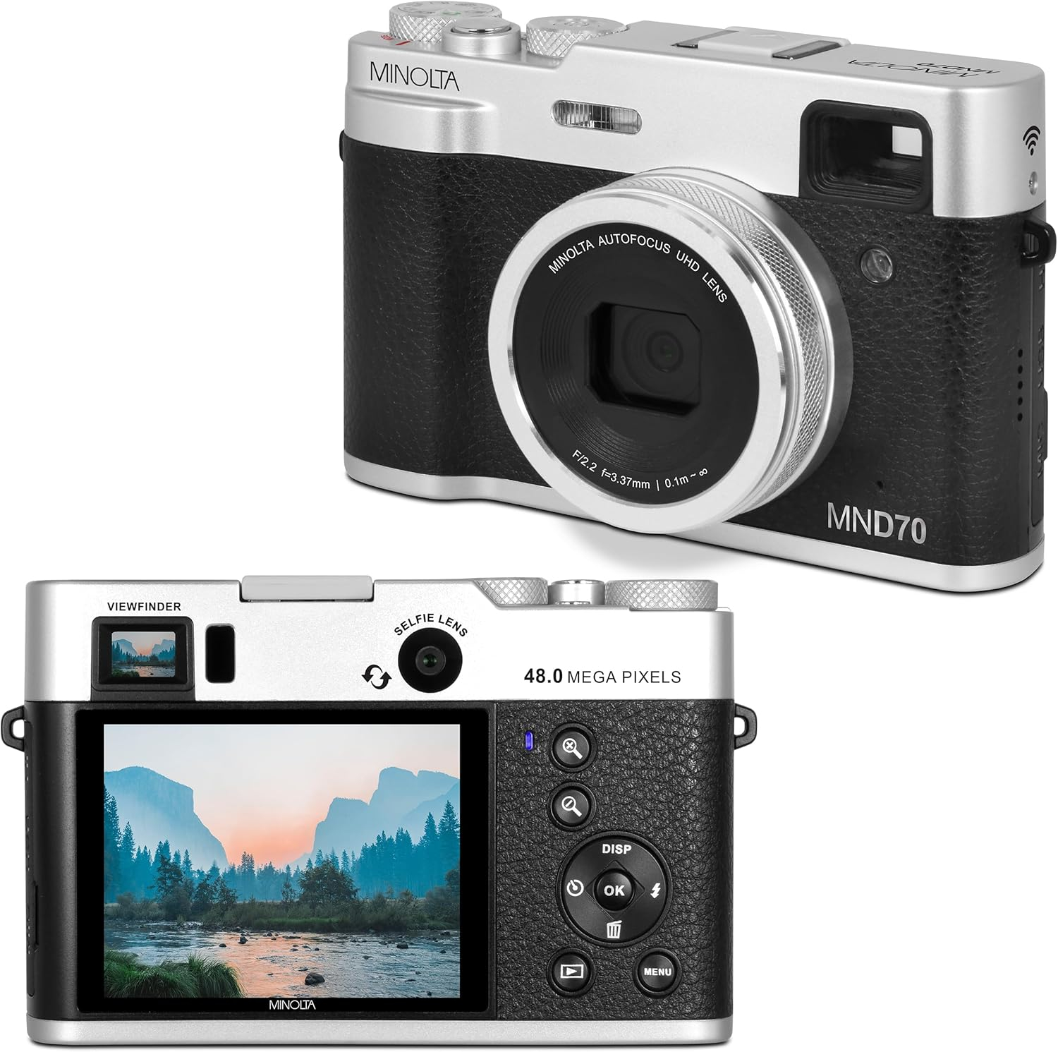 Minolta MND70 Retro 48 MP Autofocus Digital Camera with 5K Ultra HD Video, Rear Selfie Lens & WiFi, Silver