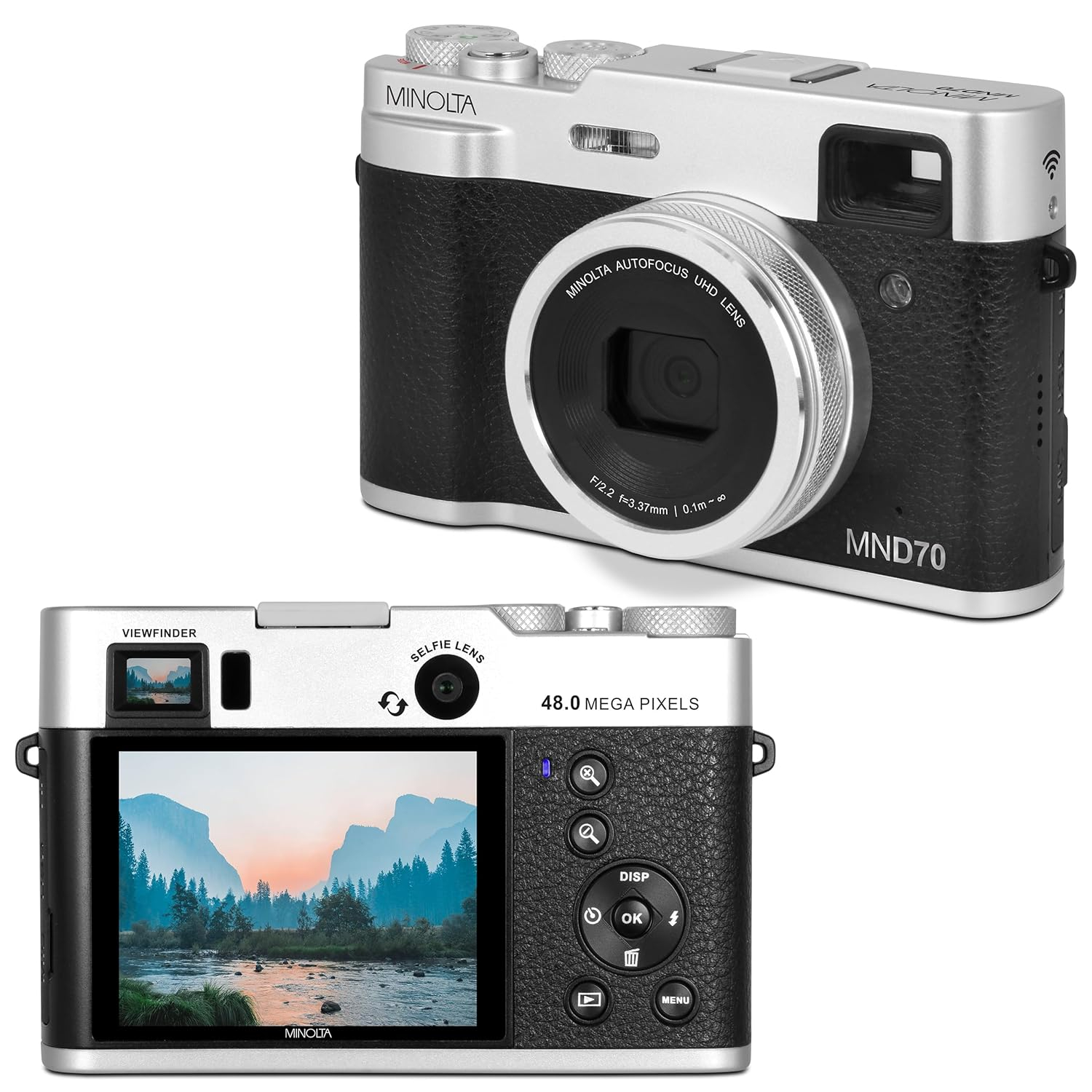 Minolta MND70 Retro 48 MP Autofocus Digital Camera with 5K Ultra HD Video, Rear Selfie Lens & WiFi, Silver