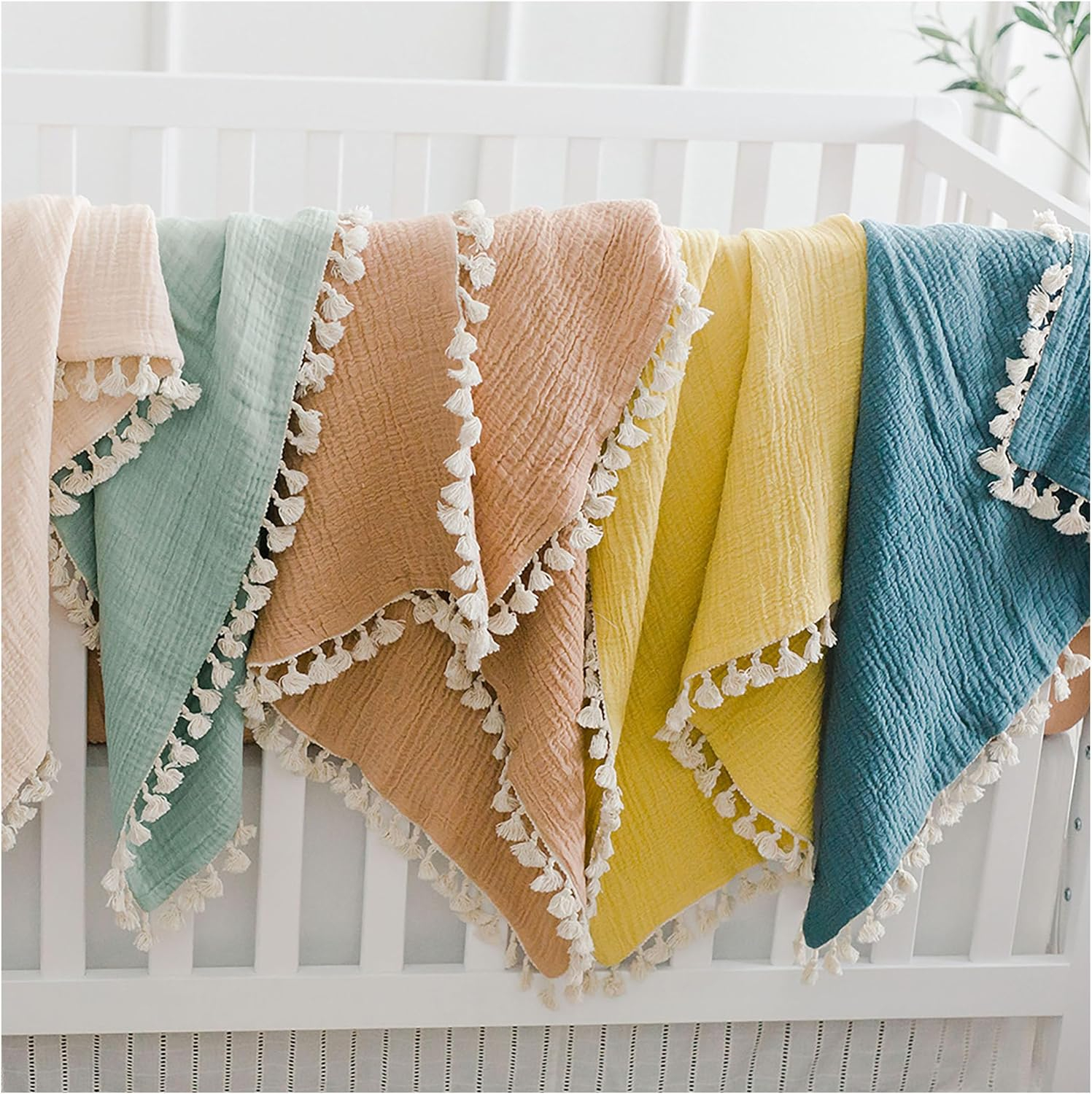 Riverstone Blue Cotton Muslin Baby Blanket with Fringe Trim