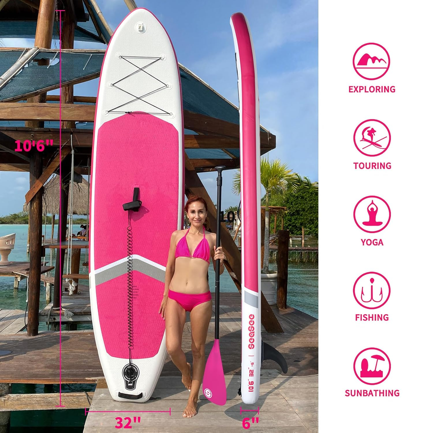 Inflatable Stand Up Paddle Board with Sup Board Accessories, Durable, Lightweight,Wide Stable Design,Wide Non-Slip Deck, Non-Slip Comfort Deck Pink Paddle Board for Women & Girls