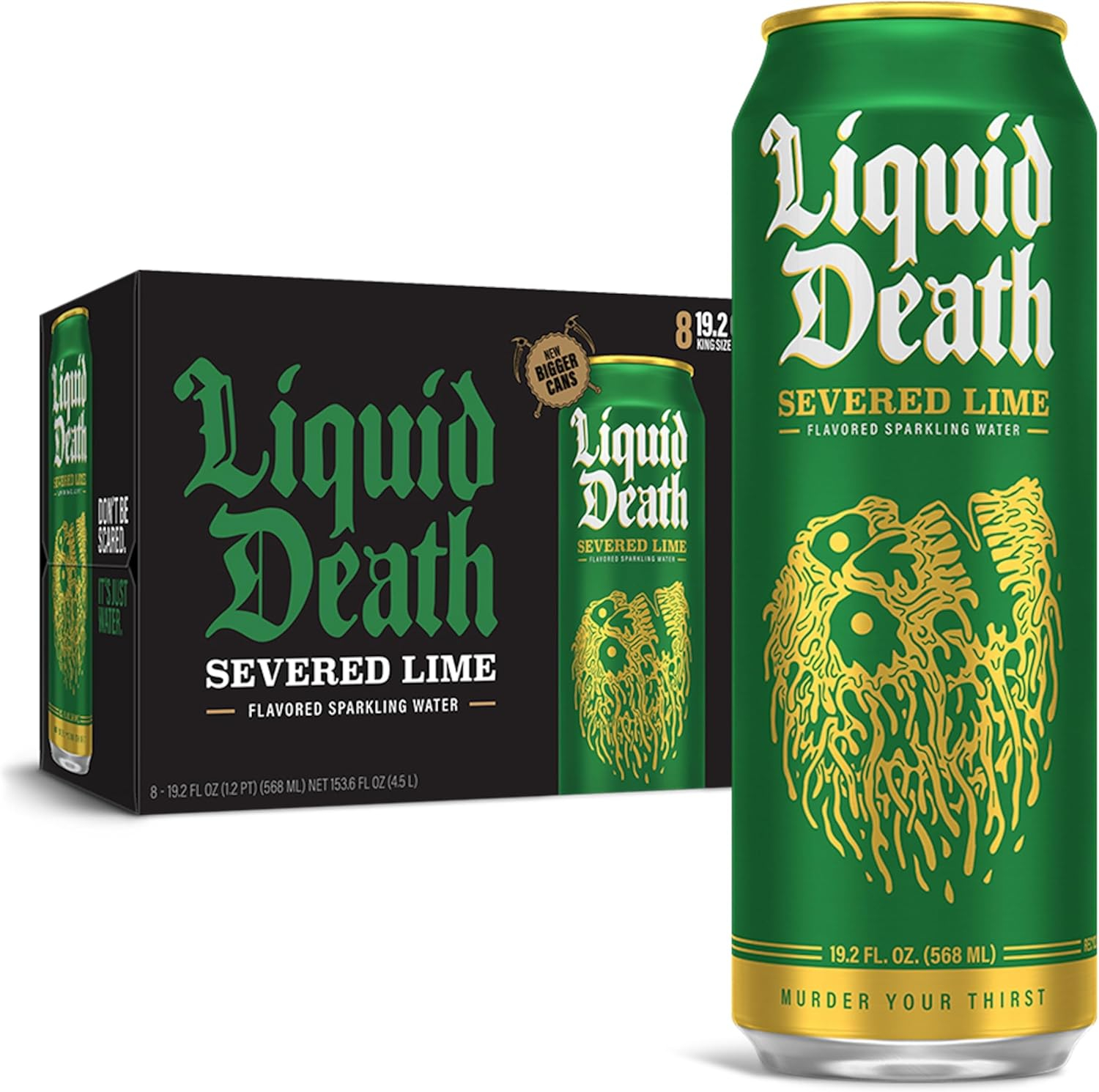 Liquid Death, Severed Lime, Lime-Flavored Sparkling Water, 8-Pack (19.2oz Cans), Low Calorie & No Artificial Sweeteners