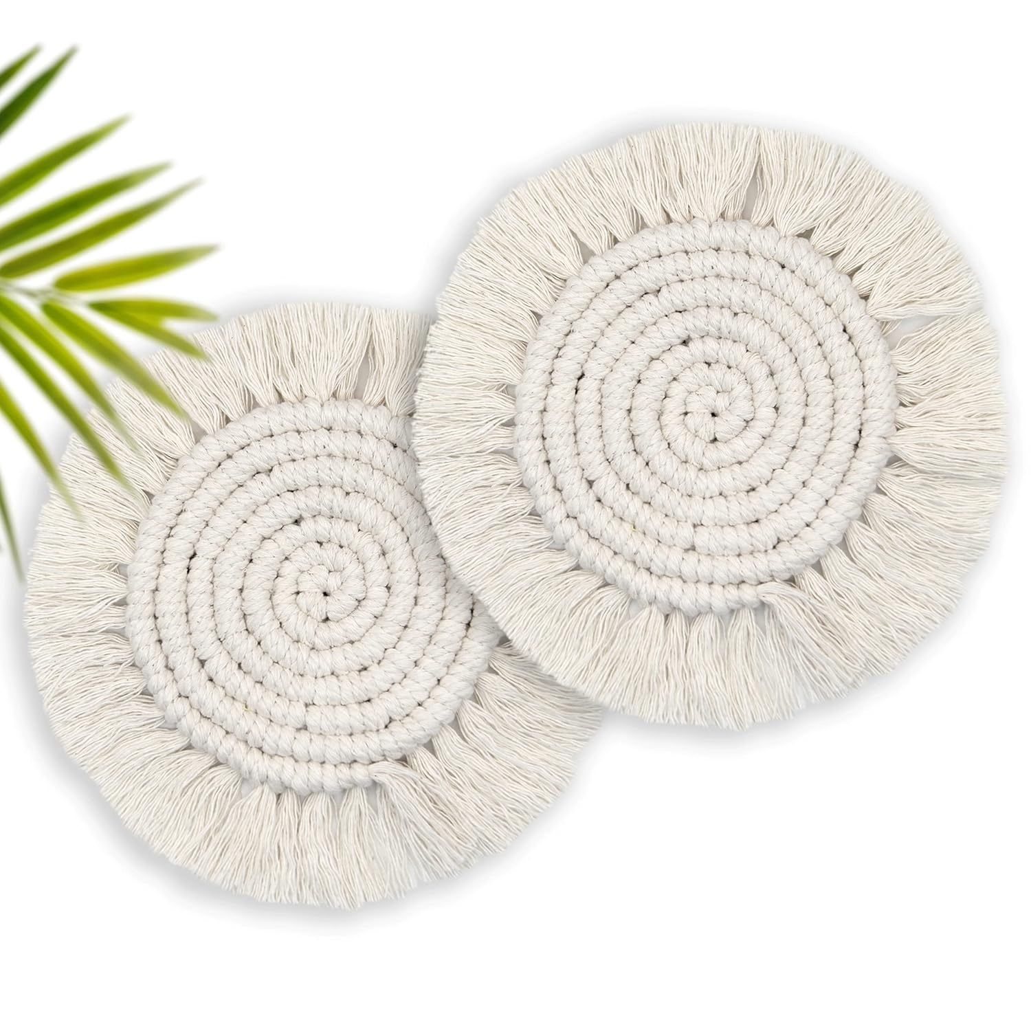 Absorbent Boho Coasters for Drinks - Set of 2 Round Coasters, Beige