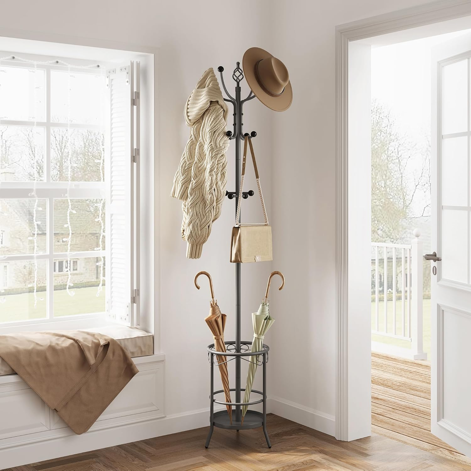 Tajsoon Coat Rack Stand with Umbrella Holder, Freestanding Coat Hanger Stand with Umbrella Stand, Entryway Coat Rack with 12 Hooks to Hold Clothes, Coat Tree for Living Room Bedroom Office, Grey