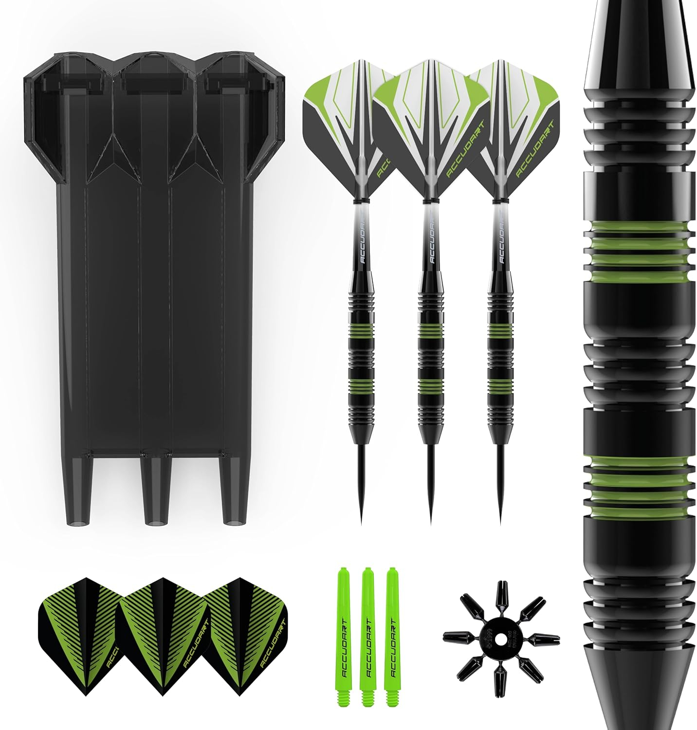 Accudart Steel Tip Dart Set 3.0 - Gunmetal Finish Steel Barrel - Hybrid Grip - Polycarbonate Shafts - Standard Shape Flights - Drop in Case Stores Fully Assembled Darts