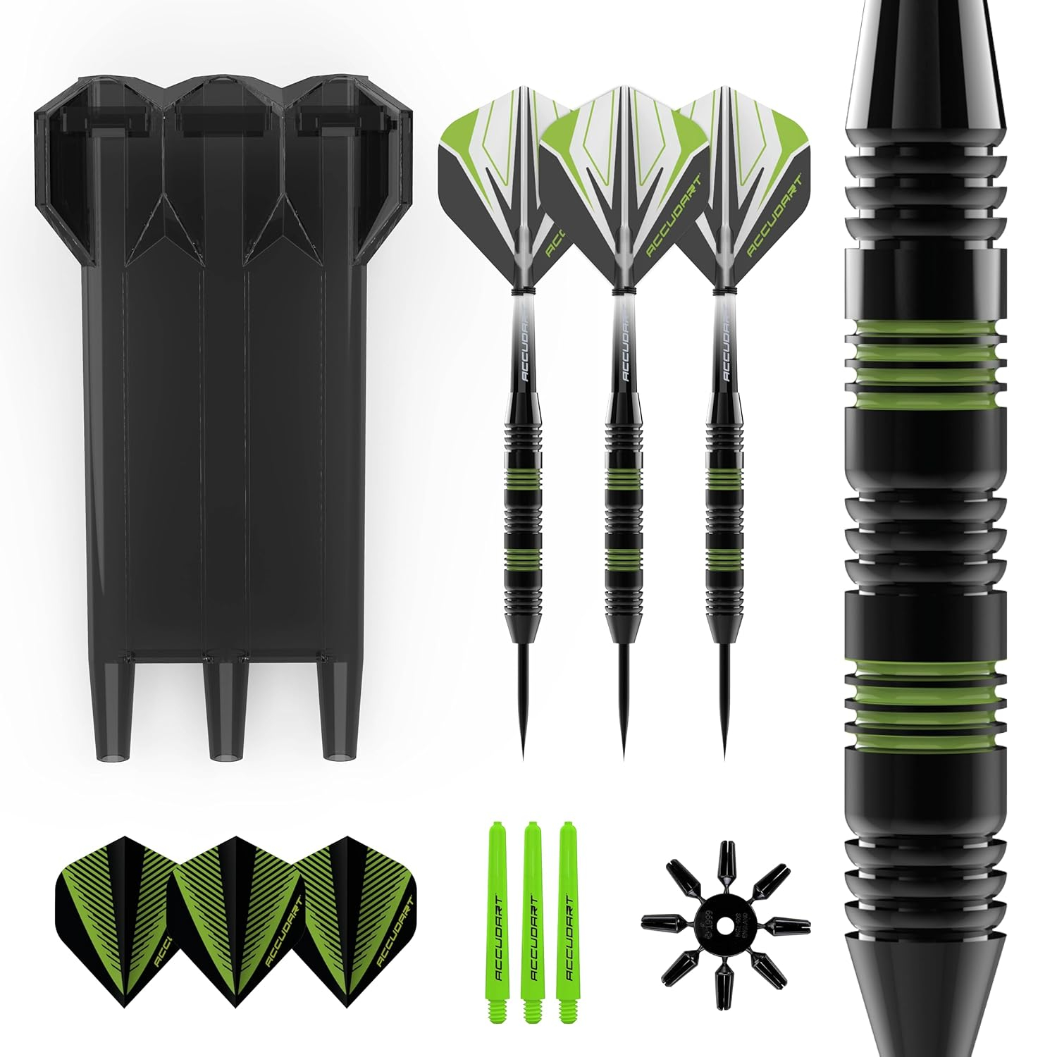 Accudart Steel Tip Dart Set 3.0 - Gunmetal Finish Steel Barrel - Hybrid Grip - Polycarbonate Shafts - Standard Shape Flights - Drop in Case Stores Fully Assembled Darts