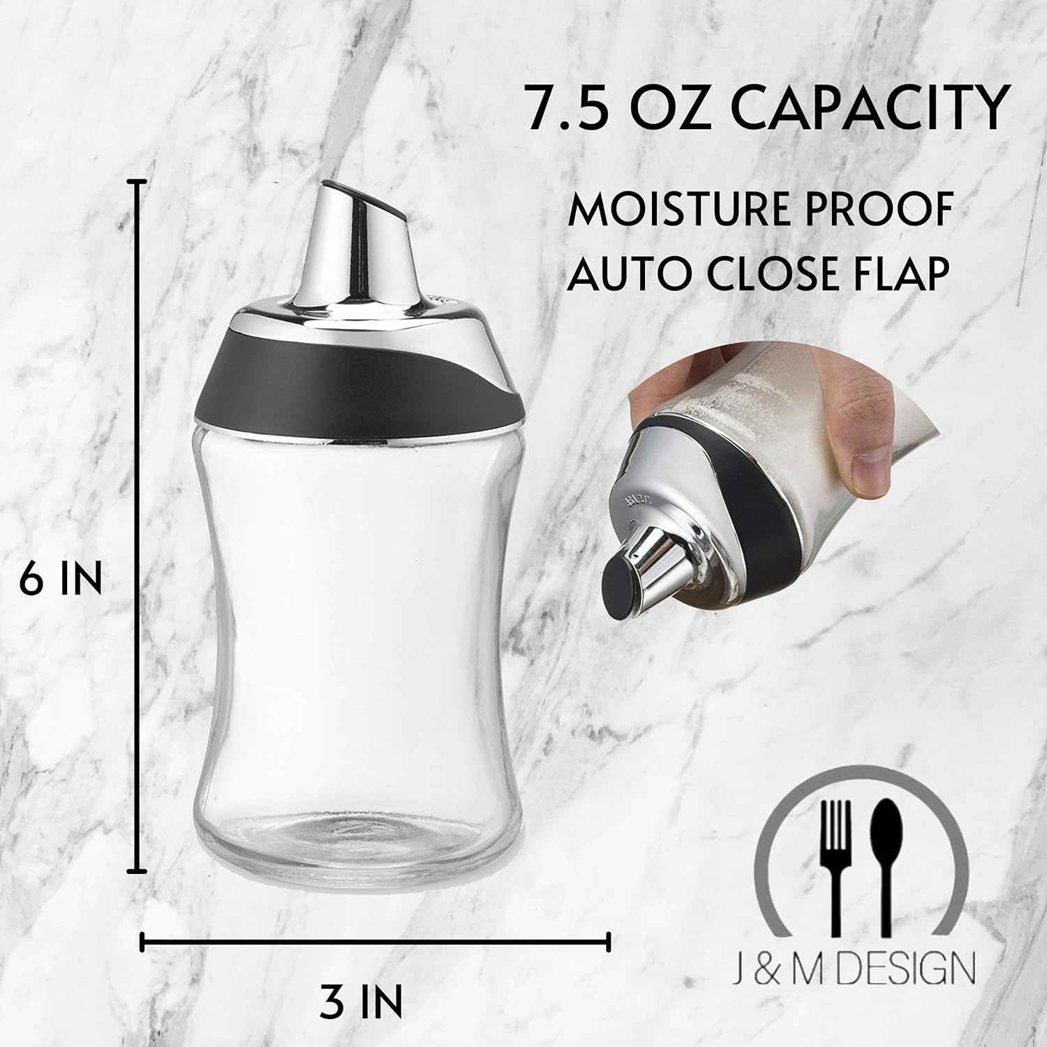 J&M DESIGN Sugar Dispenser with Pour Spout Lid Sugar Container Shaker Coffee Bar Accessories Organizer Essentials Powdered Creamer Baking Supplies 7.5oz Glass Jar Pourer Sugar Bowl Salt Dish Holder