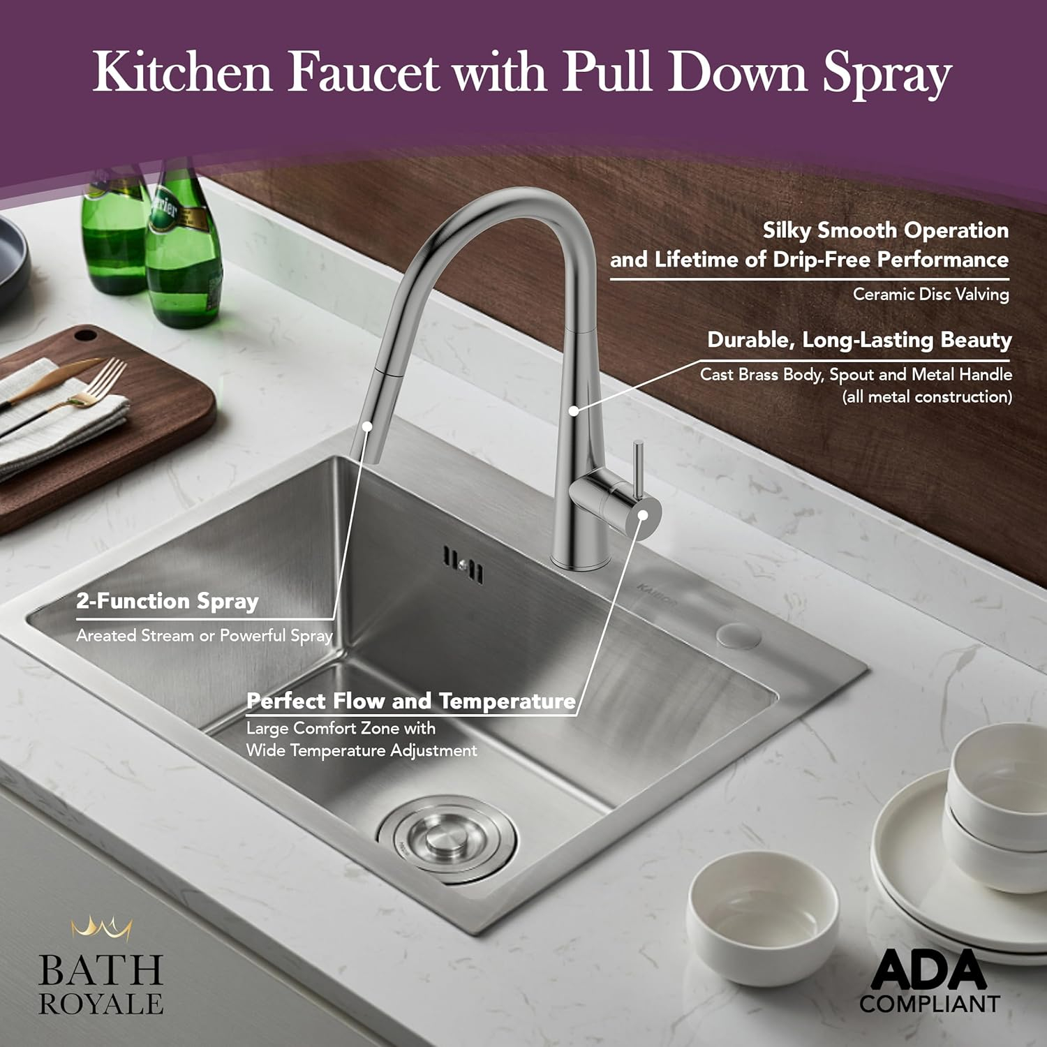 Lucas Single Handle Pull Down Sprayer Kitchen Faucet, Matte Black