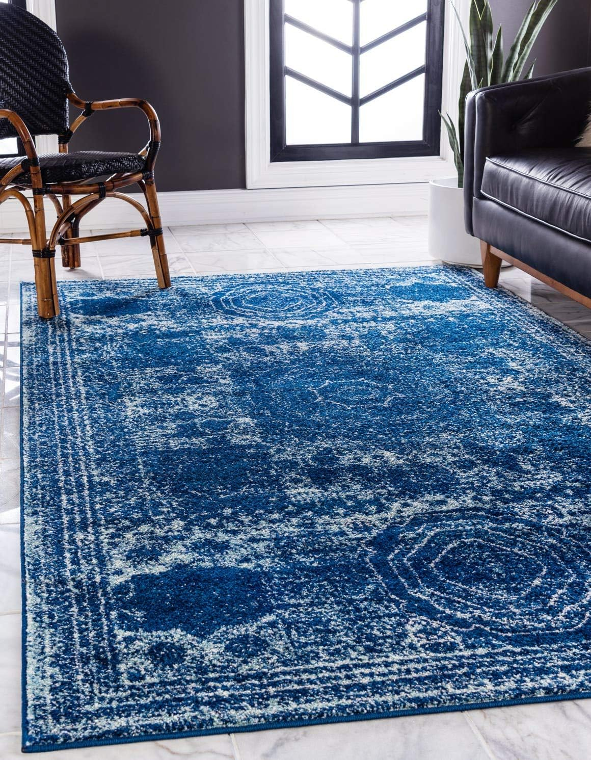 Unique Loom Bromley Collection Area Rug - Wells (7' 1" x 10' Rectangle, Navy Blue/ Ivory)