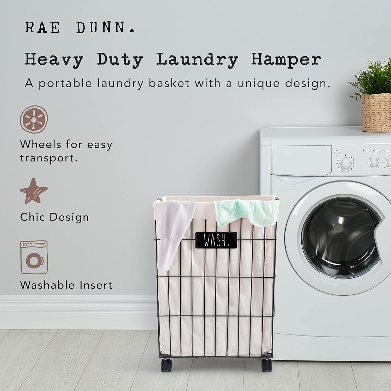 Black Metal Wire Laundry Hamper with Beige Cloth Liner and Wheels