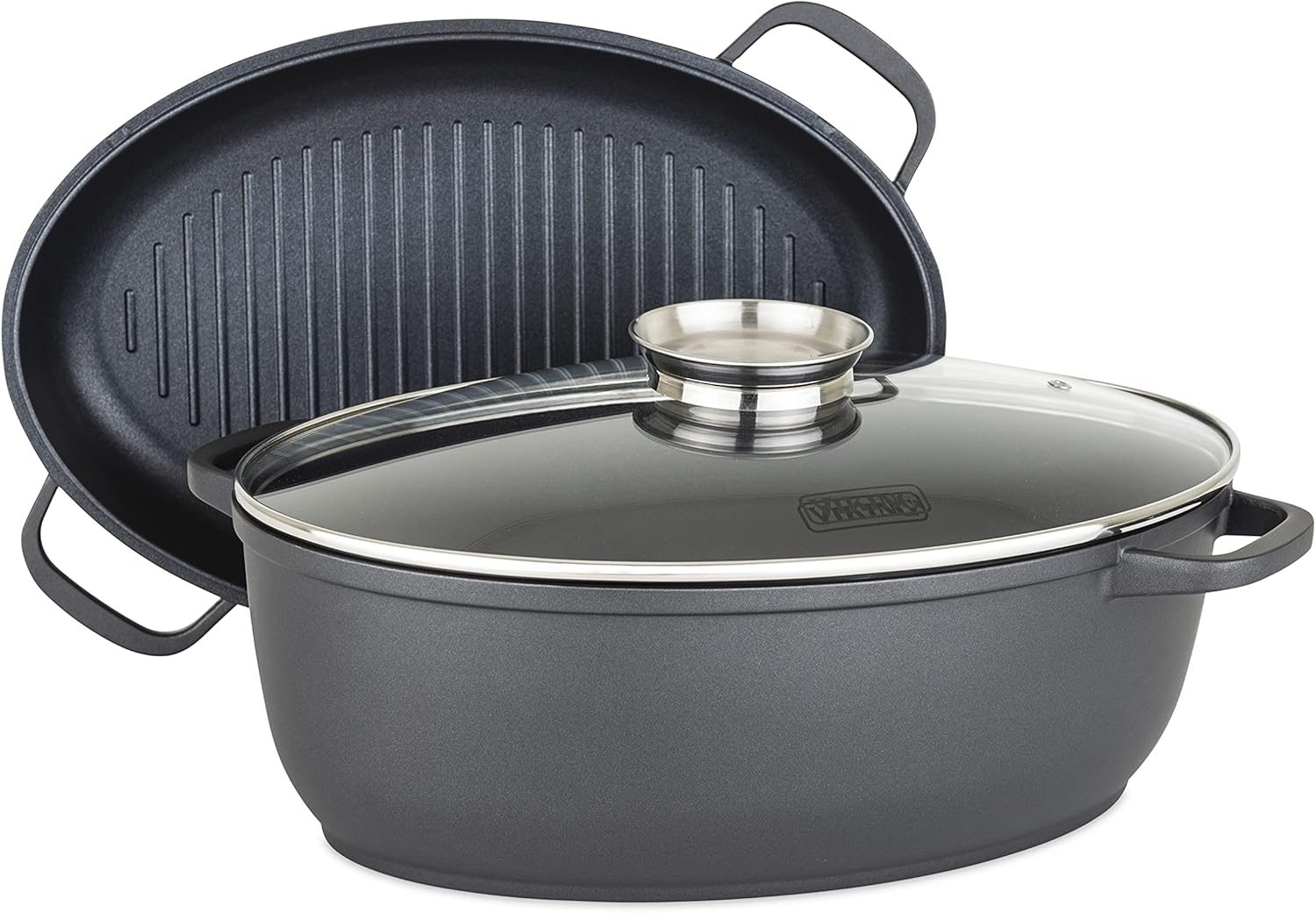 Viking Culinary 3-in-1 8.6 Qt Die Cast Oval Roaster with Glass Basting Lid,Gray,40041-1632C