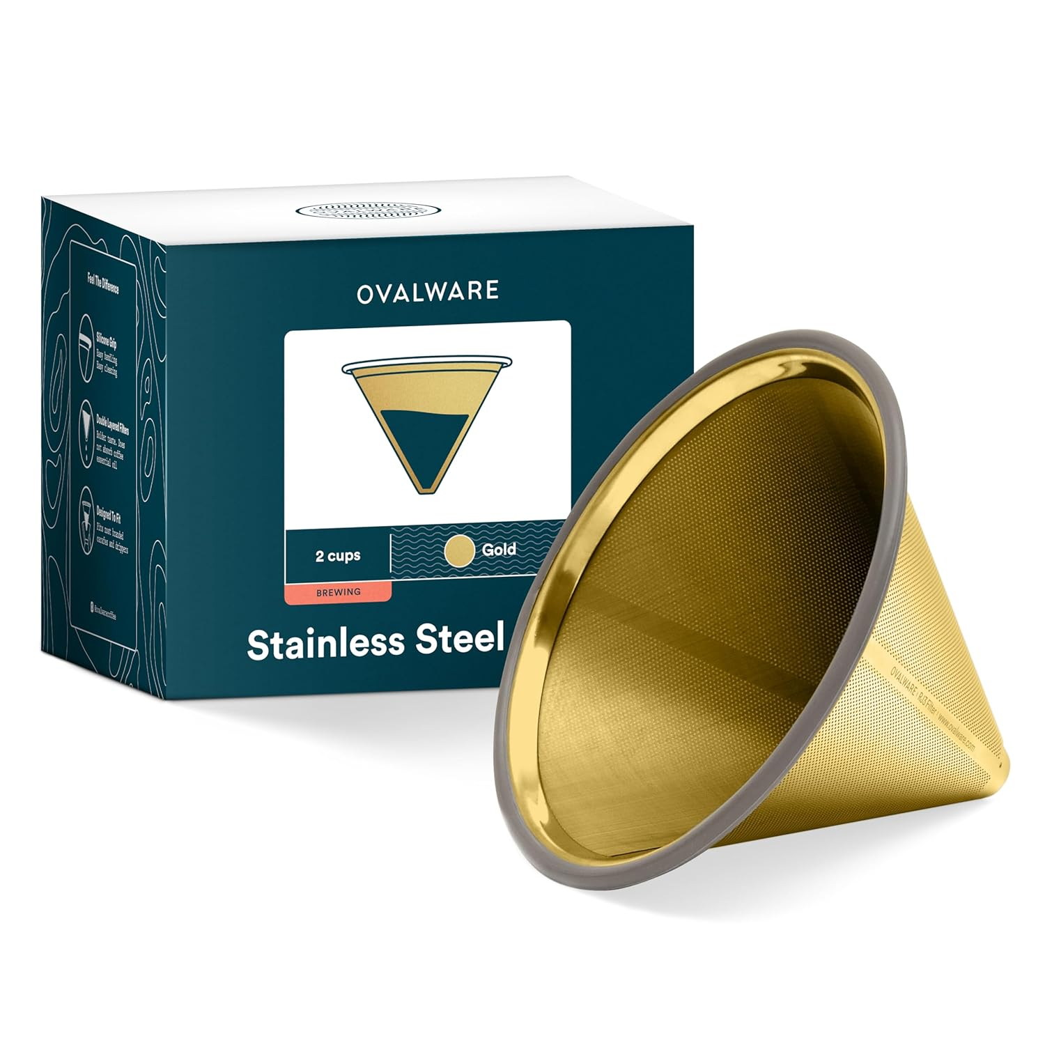 Paperless Stainless Steel Pour Over Coffee Filter – Reusable and Permanent Coffee Cone Dripper for Ovalware, Chemex, Hario and Other Carafes (Titanium Gold)