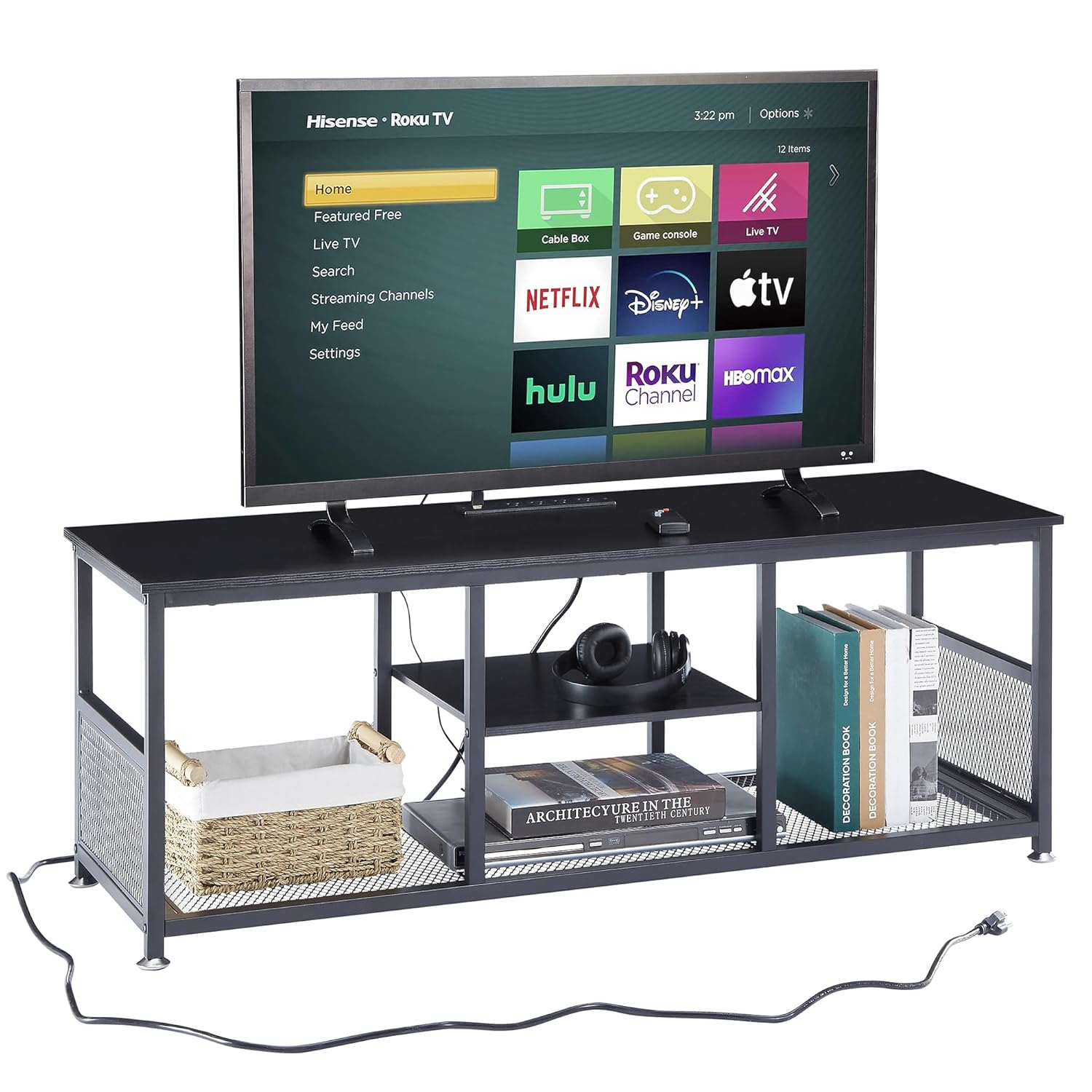 VECELO TV Stand with Power Outlets for Televisions up to 55 Inch, 47" Media Entertainment Center with Charging Station 3-Tier Open Storage Shelves with Metal Frame for Living Room/Bedroom，Black