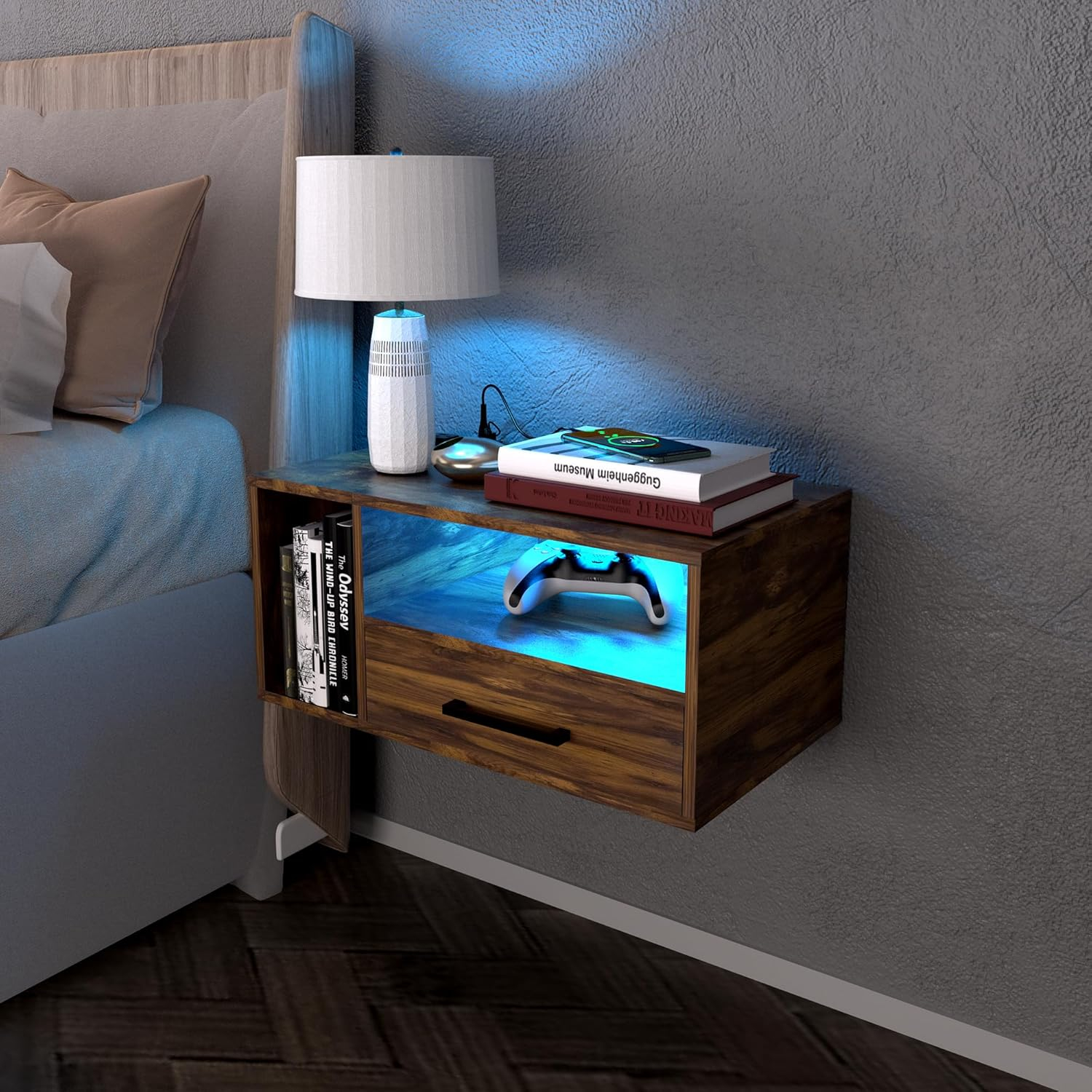 Floating Nightstand with Charging Station and LED Light Strips, 21.3" Night Stand with Drawers, Floating Bedside with USB Ports and Outlets, Bedroom Furniture