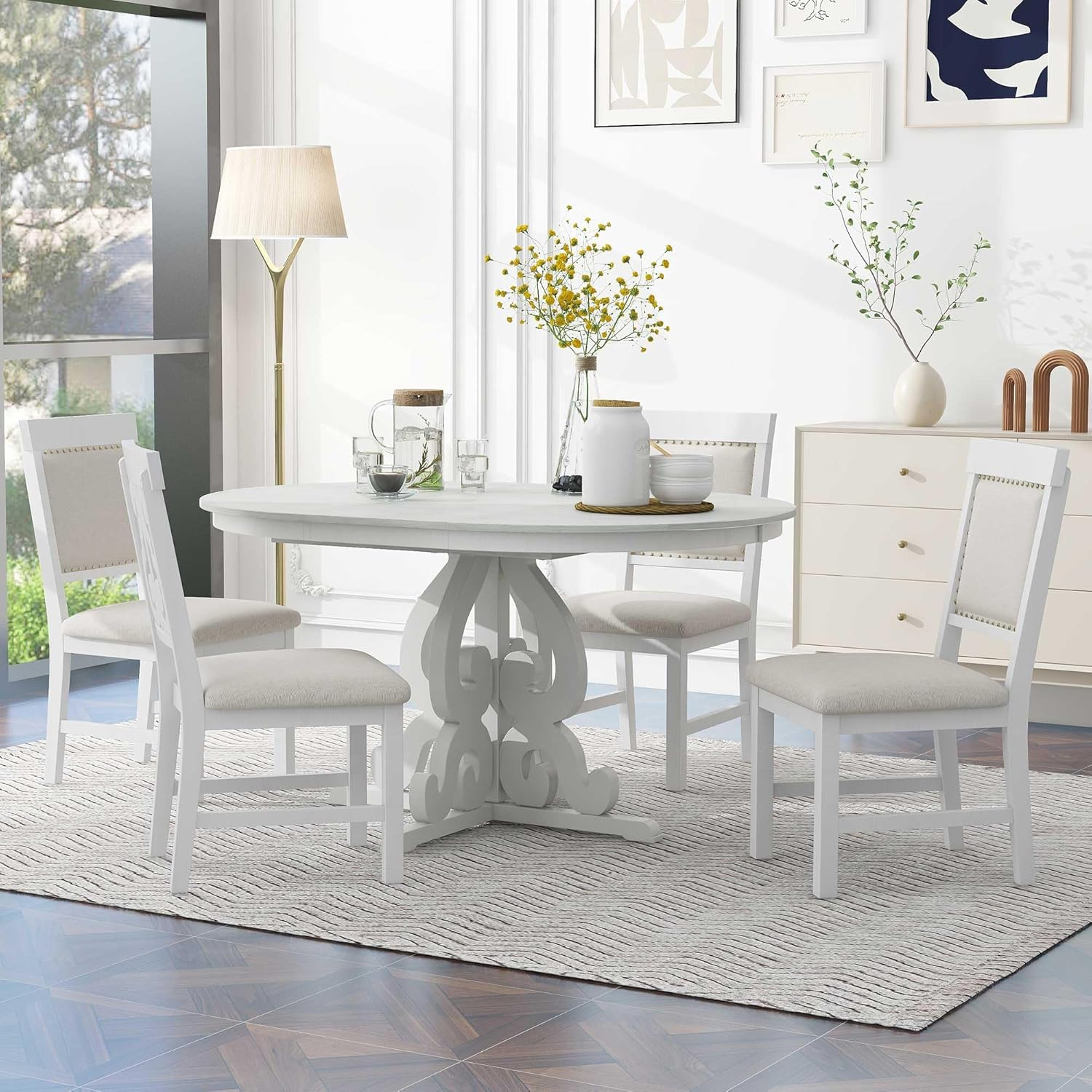 5 Piece Dining Table Set, Retro Functional Dining Set with 1 Extendable Table with a 16-inch Leaf and 4 Upholstered Chairs for Dining Room and Kitchen (Antique White)