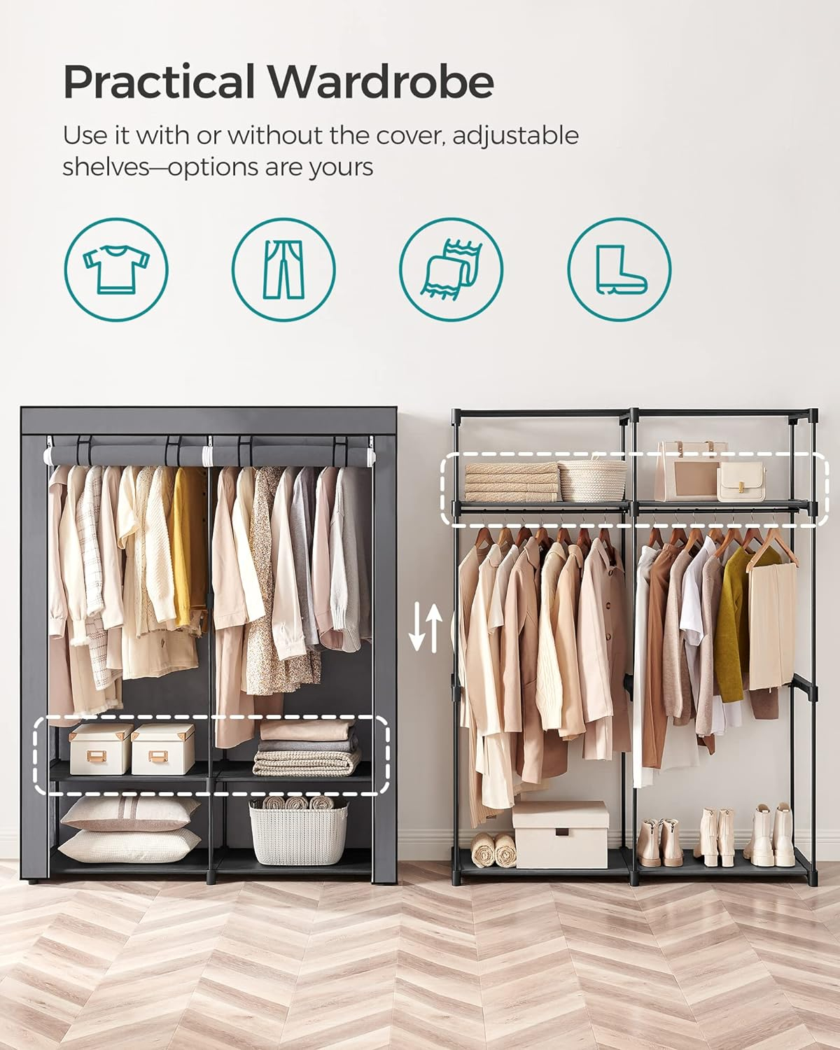 Closet Wardrobe Portable Closet for Bedroom Clothes Rail with Non-Woven Fabric Cover Clothes Storage Organizer Gray