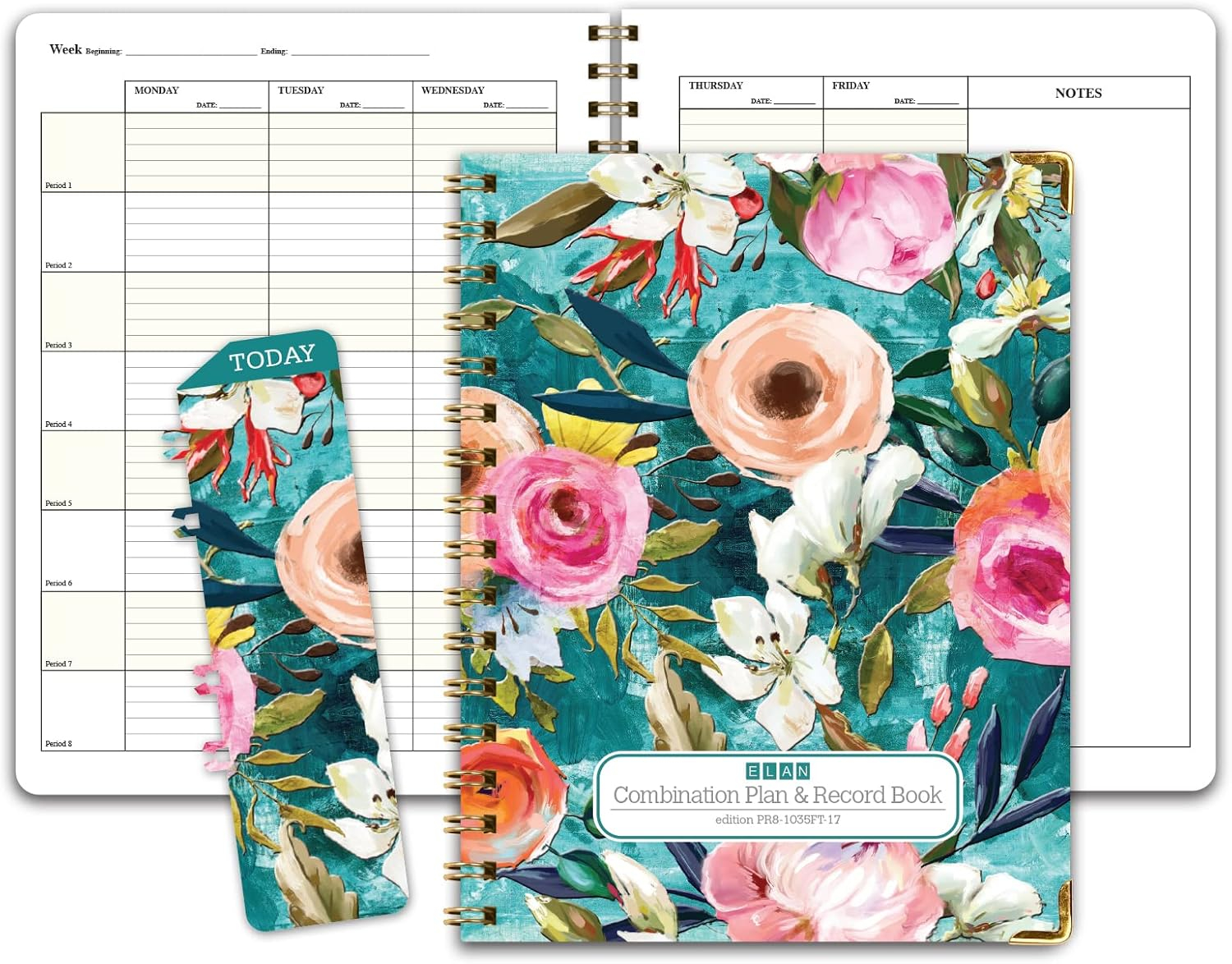 Elan Publishing Company Hardcover Combination Plan and Record Book - 8 Period Teacher Lesson Planner (PR8 + R1035) (Teal Floral)