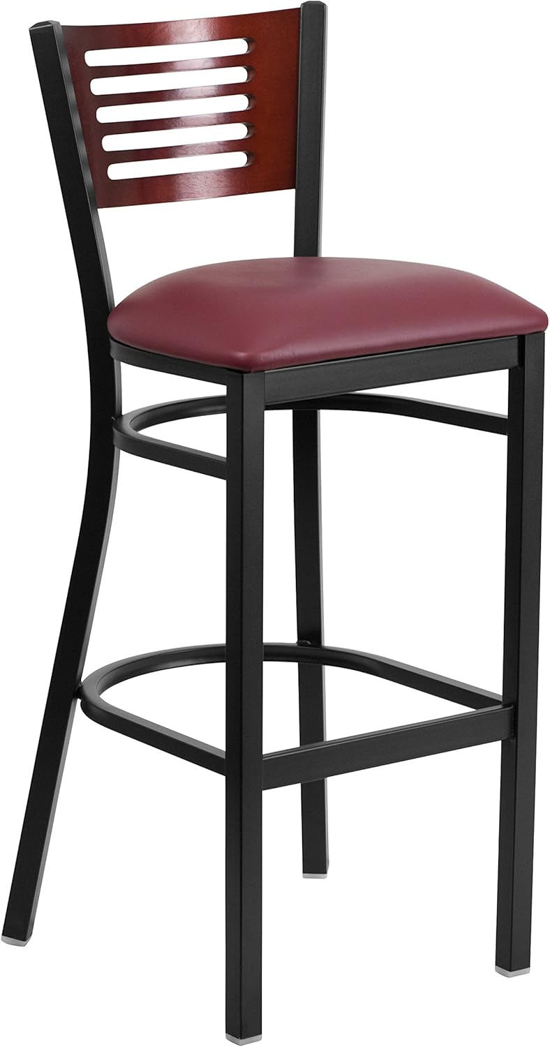 Flash Furniture HERCULES Series Black Slat Back Metal Restaurant Barstool - Mahogany Wood Back, Burgundy Vinyl Seat
