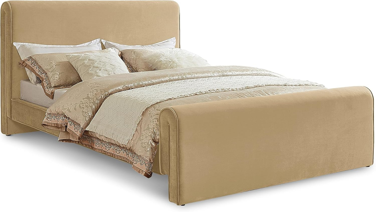 Camel Velvet Upholstered Queen Bed with Curved Headboard