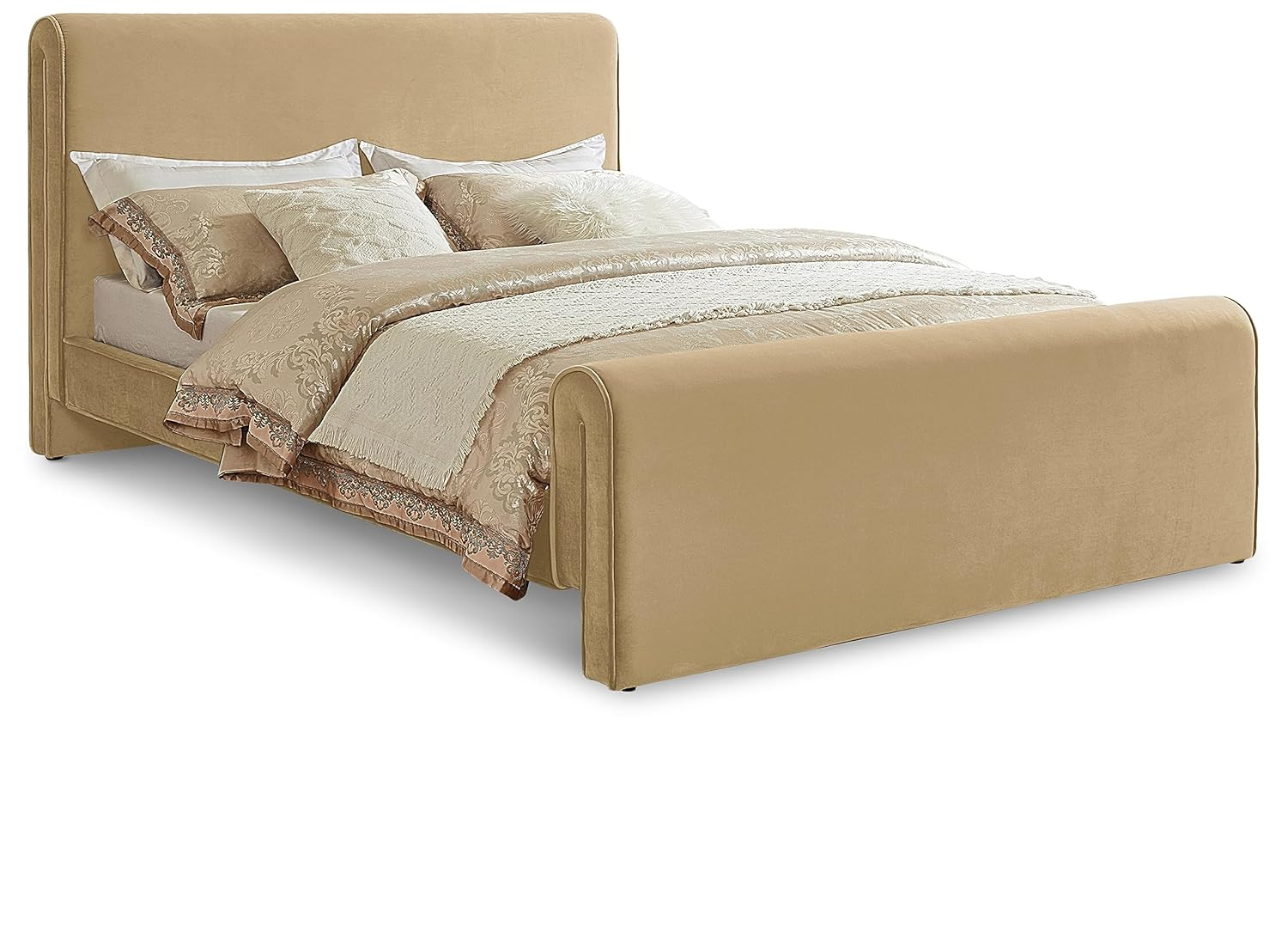 Camel Velvet Upholstered Queen Bed with Curved Headboard