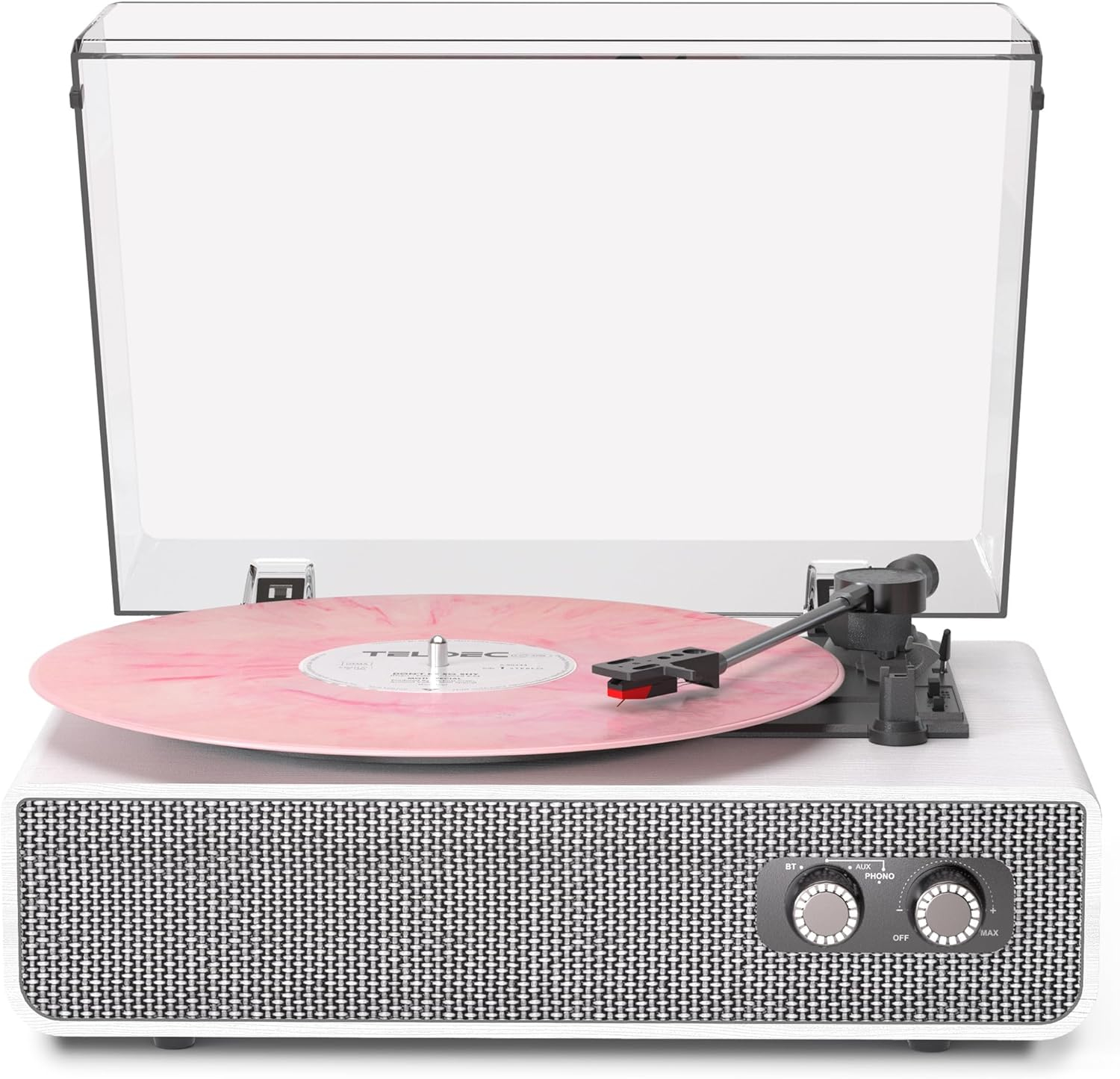 Vinyl Record Player with Upgraded Built-in Speakers, 3-Speed Belt-Driven Bluetooth Turntable for Vinyl Records, White Wood Grain Vintage Phonograph with RCA Out & AUX in, Auto Stop, MDF Cabinet