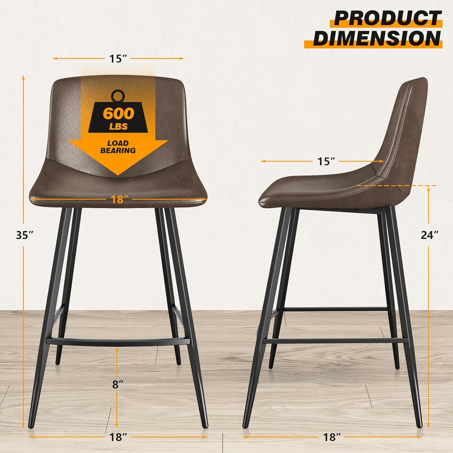 Brown Leather Saddle Style Counter Stools with Steel Legs, Set of 3